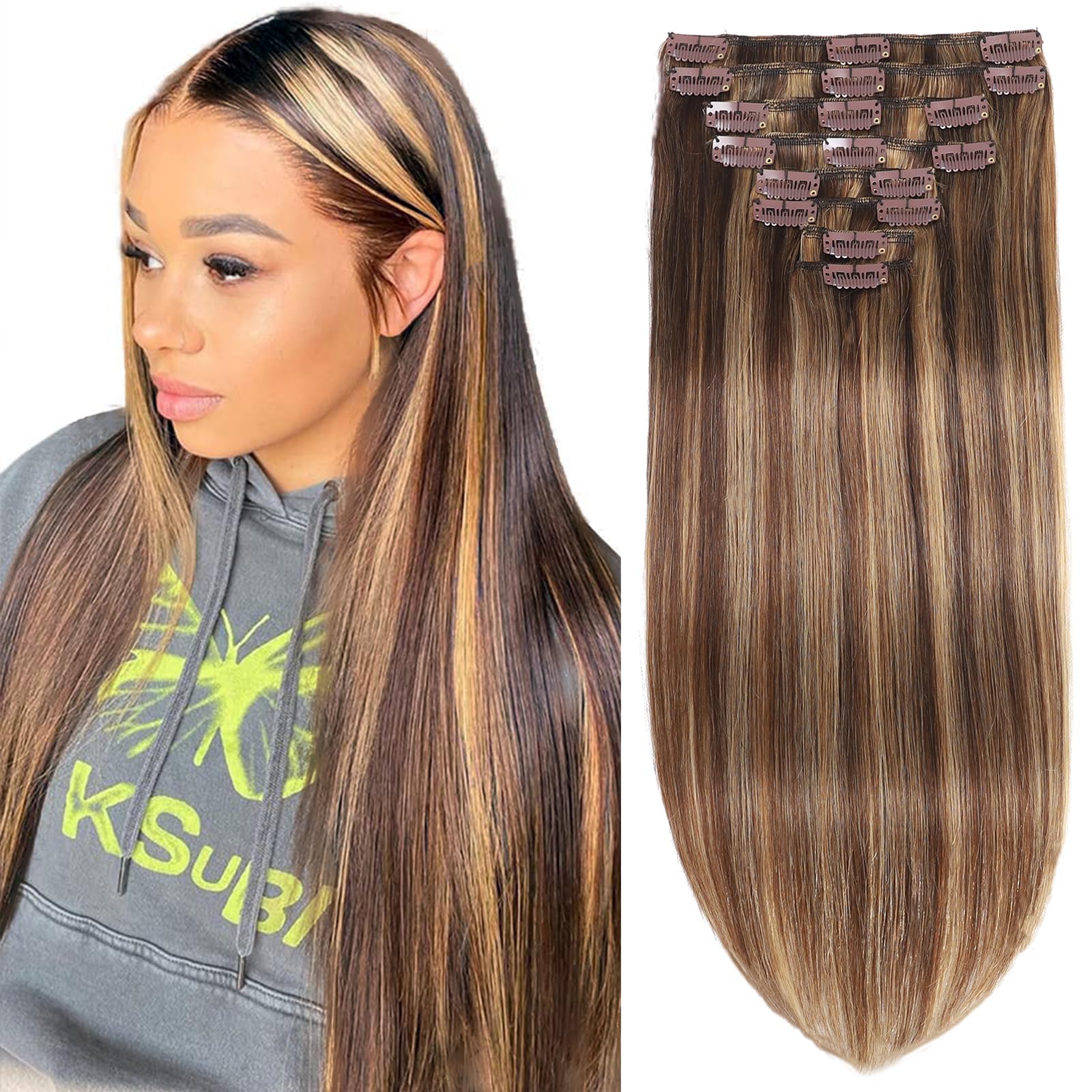Remy Clip in Hair Extensions Real Human Hair Extensions 110g 8Pcs Straight Silky Chocolate Brown to Honey Blonde Real Human Hair for Women Natural