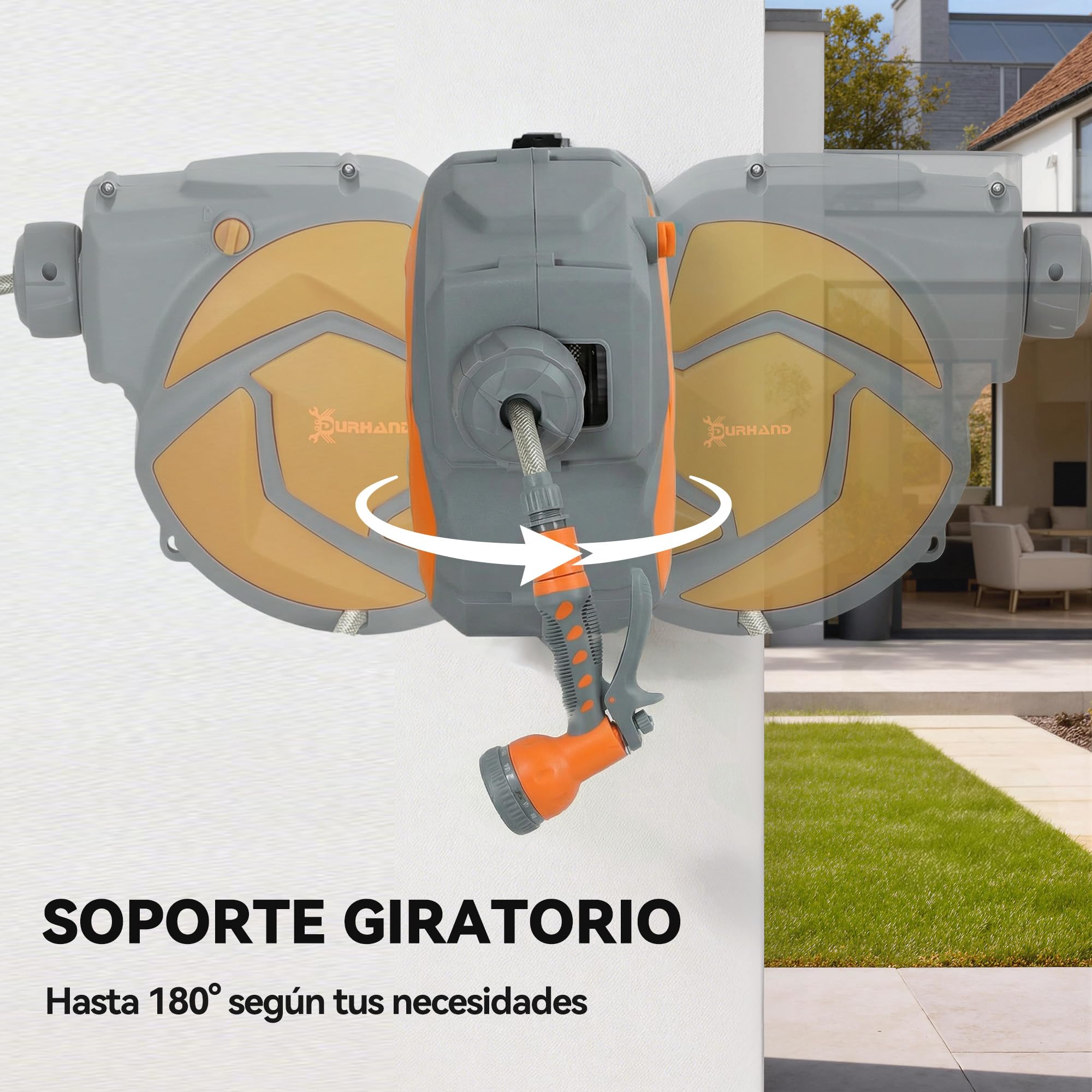 DURHAND Avvolgitubo da giardino 10+1 m con ugello a 7 funzioni, bobina avvolgitubo da giardino a parete, girevole a 180°, con riavvolgimento automatico, grigio scuro e arancione