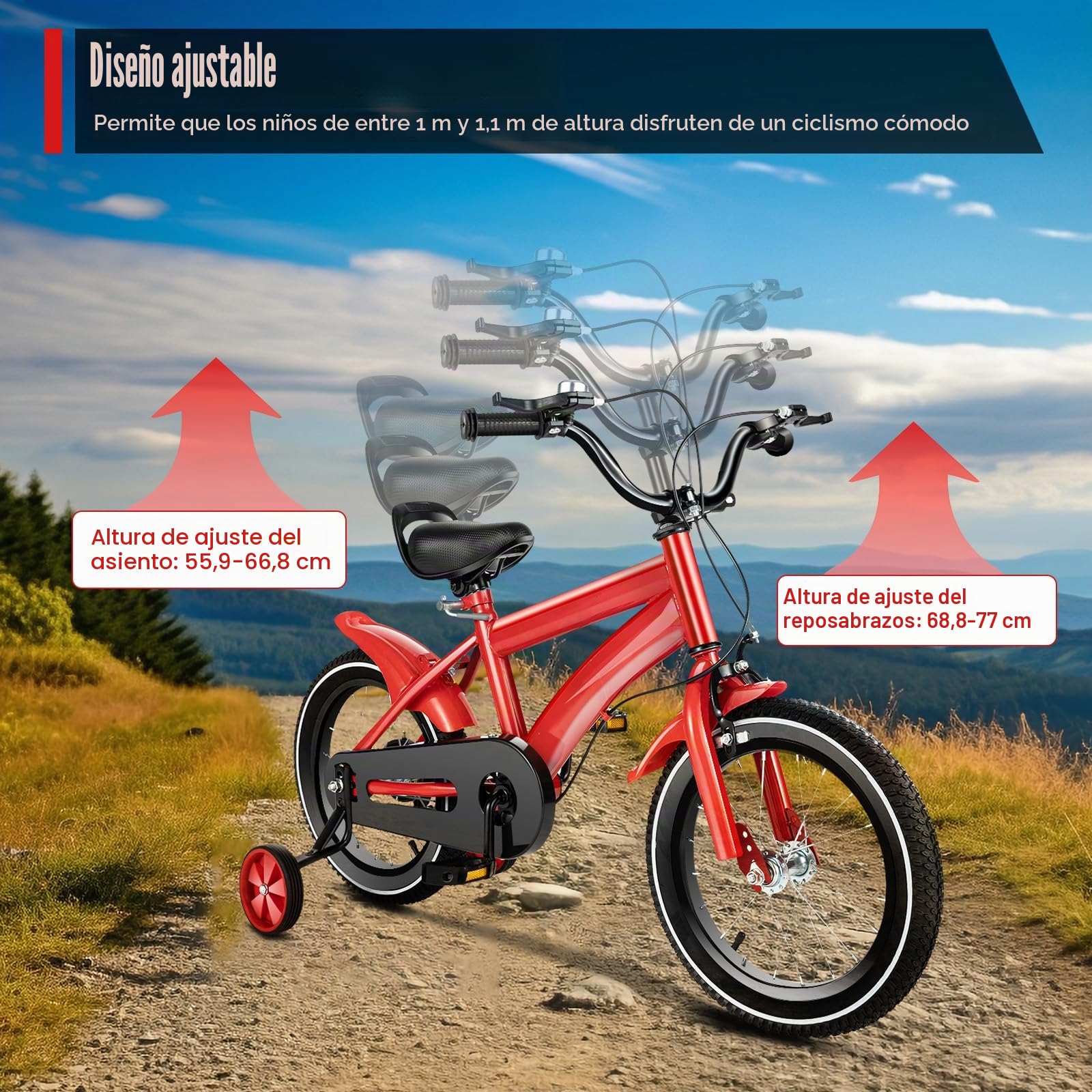 Bicicleta infantil de 14 pulgadas con ruedas de apoyo, bicicleta para niños de 3 a 6 años y niñas, al aire libre, deportivo, bicicleta infantil, color rojo, altura ajustable (95-135 cm)