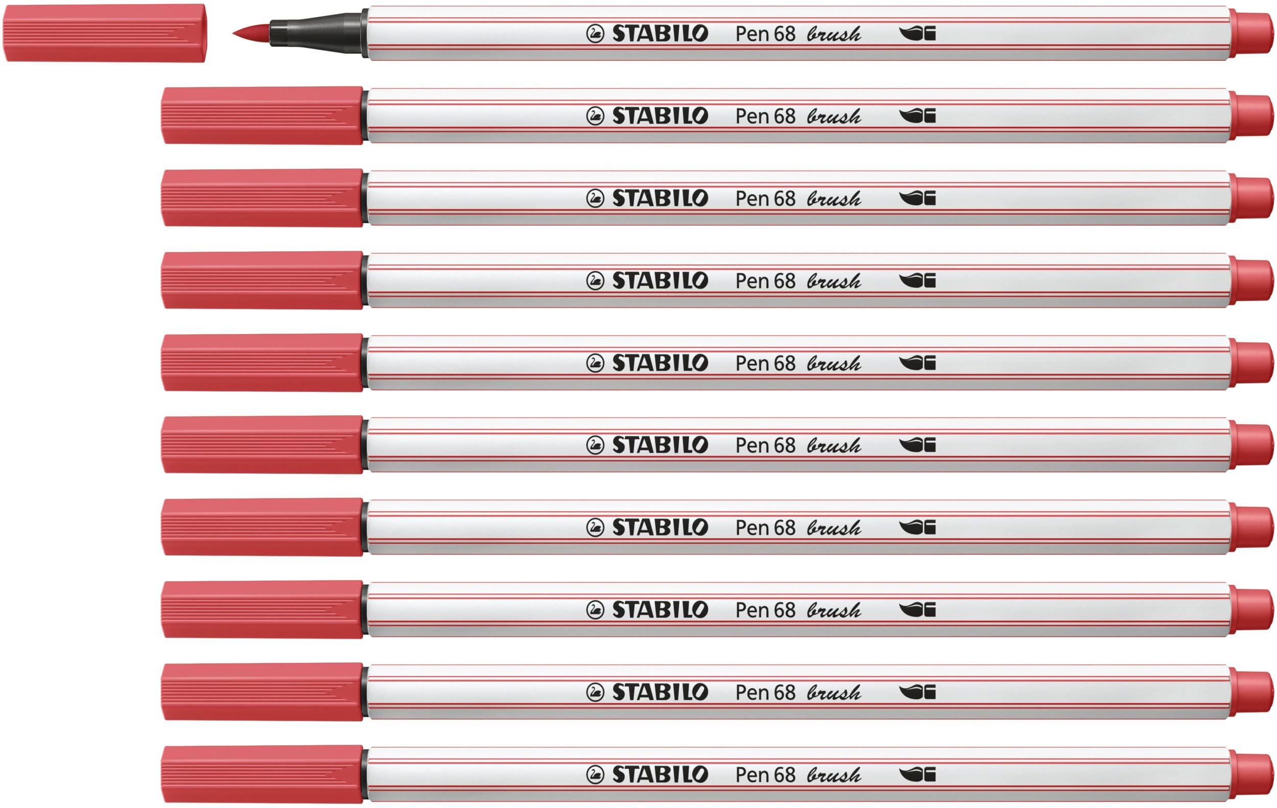 STABILO Pen 68 brush - Premium Fibre-Tip Pen with Brush Tip - Pack of 10 - Rust Red
