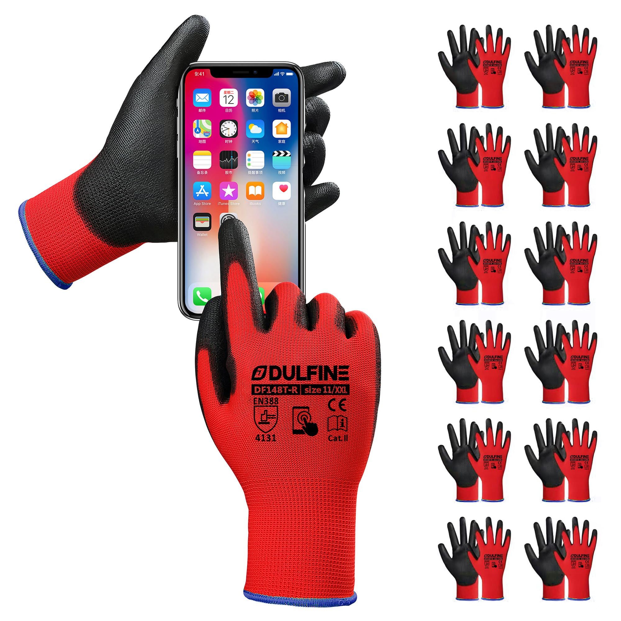 DULFINE Touchscreen Work Gloves for Women 12 Pairs, PU Coated