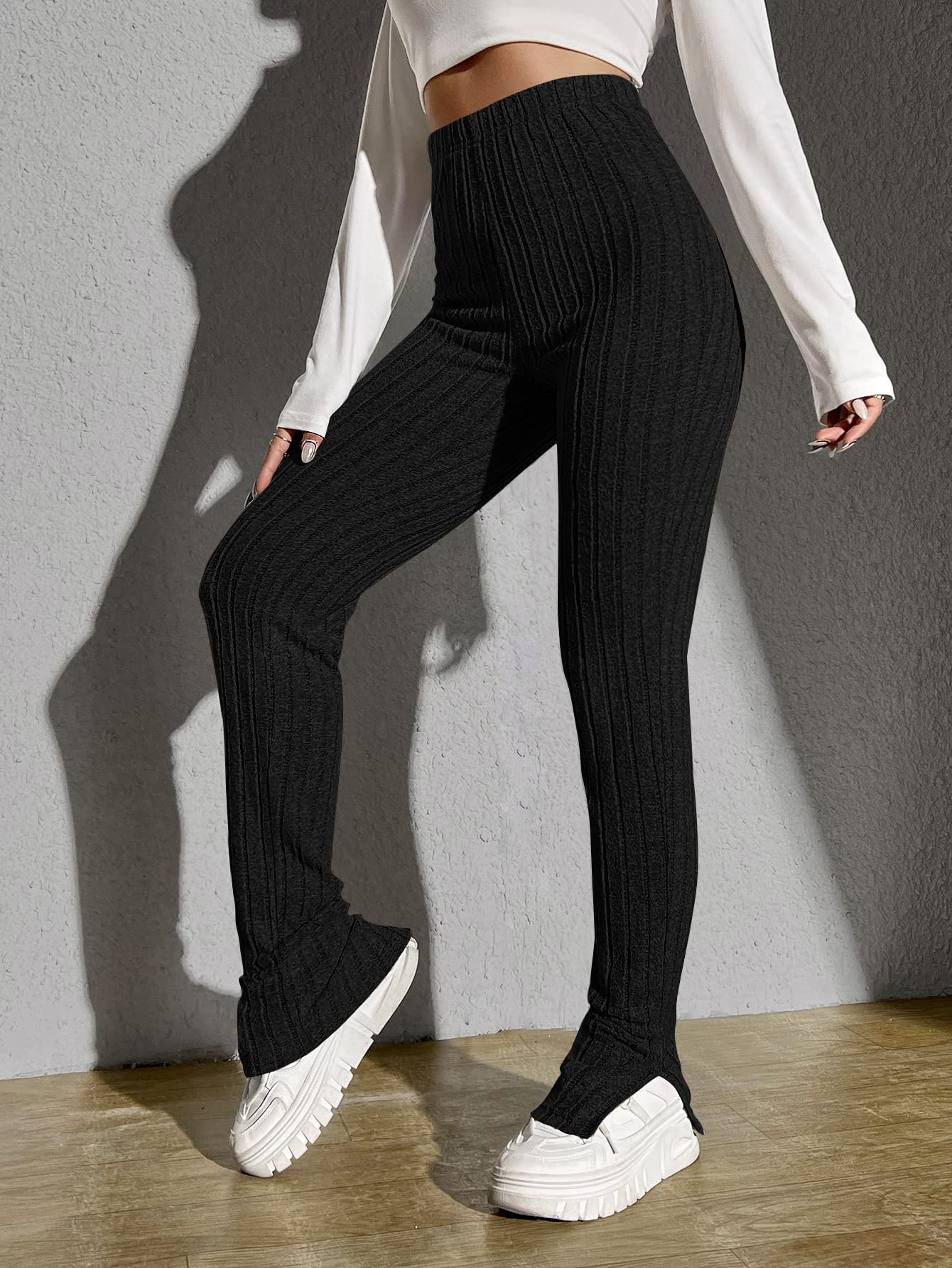 LIGPUS Womens Pants Pants for Women Ribbed Knit Split Hem Pants Color Black Size Small