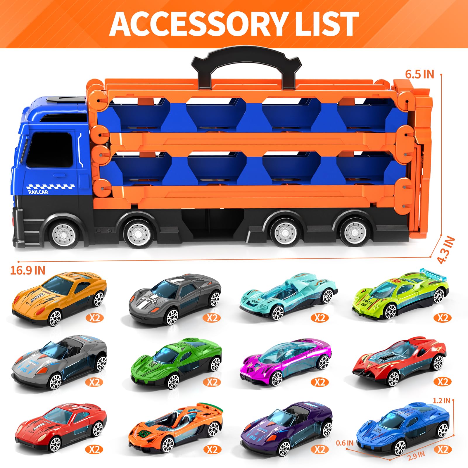 Ci Vetch 78-Zoll Autos LKW Spielzeug für Kleinkinder 1-7 Jahre, Transport-LKW Mit 24 Pcs Druckguss Autos, Geschenke für Jungen