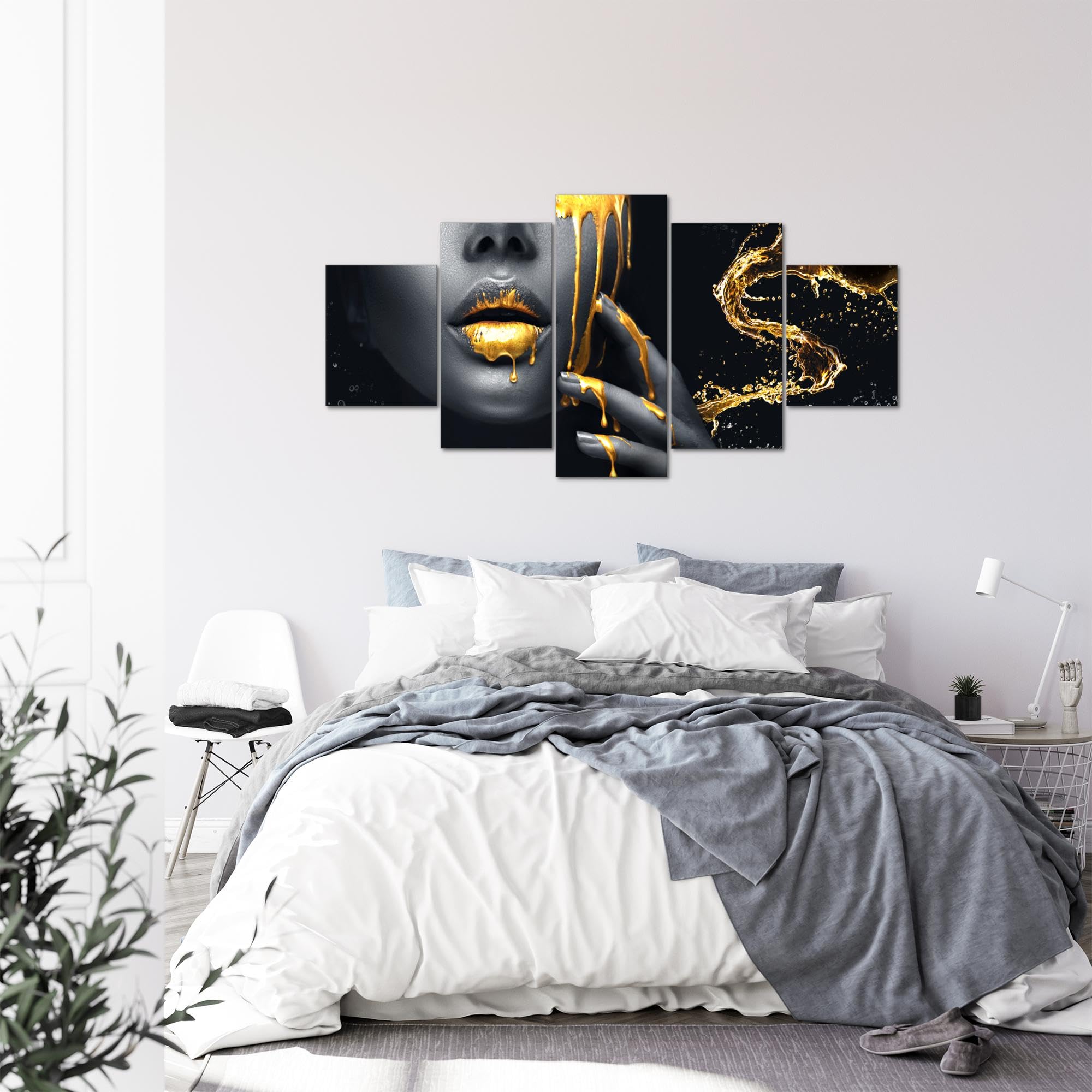 Runa Art - Cuadros Decorativos labios dorados 200 x 100 cm 5 Piezas XXL Decoracion de Pared Diseño oro negro 041551a