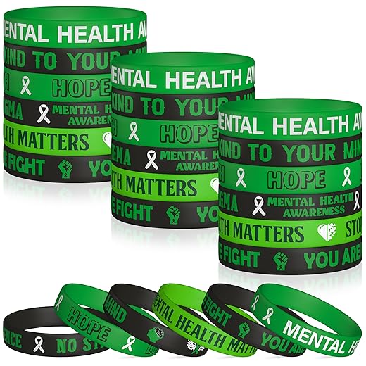 WATINC Mental Health Awareness Silicone Wristbands Set, Green Ribbons Mental Health Hope Rubber Label Bracelets, Motivational Rubber Wristband with Inspirational Message for Men Girls Teens (48Pcs)