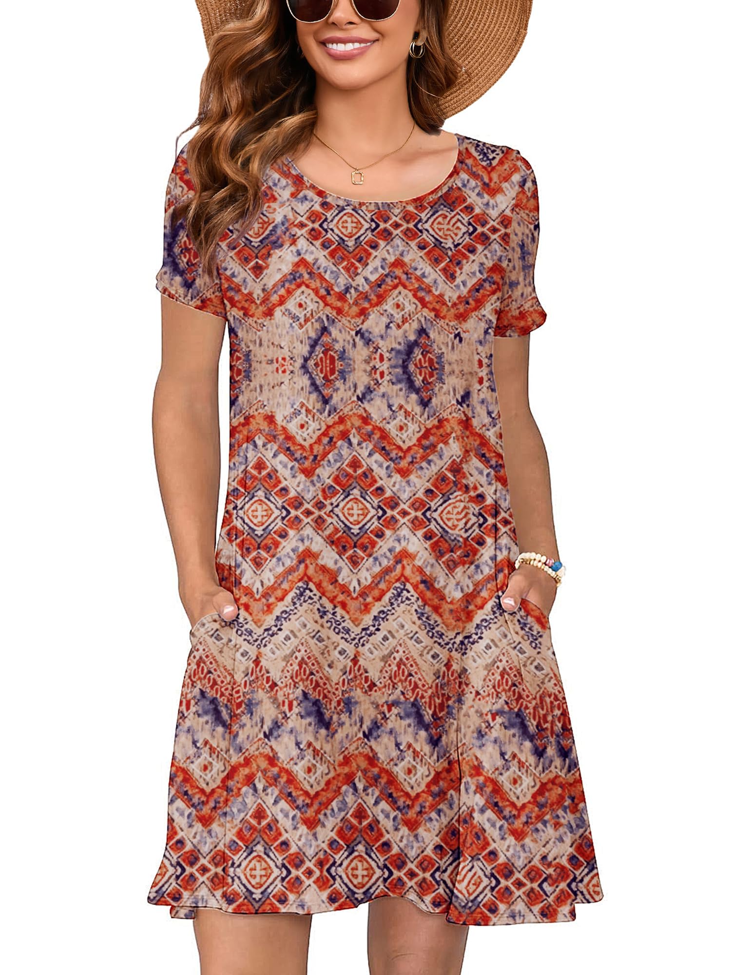 Heymoments Summer Dresses for Women Short Sleeve Crewneck Swing Sundress Casual A-Line Flowy Dress with Pockets S-2XL