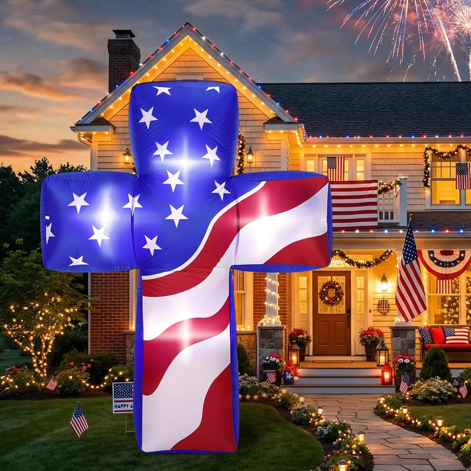 MiniInflat 7FT 4th of July & Memorial Day Inflatable Decorations America Patriotic Cross with Built-in LED Lights 250th Anniversary Outdoor Blow up Decor for Independence Day