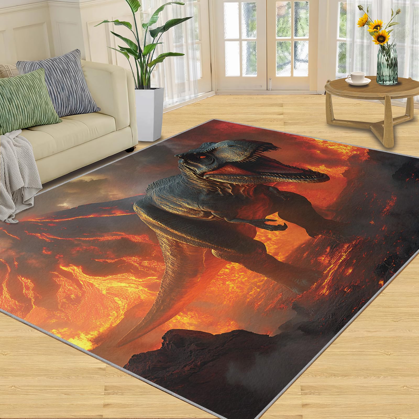 Tapis dinosaure et décoration d'intérieur - Tapis Tyrannosaure Rex pour chambre à coucher, salon, garçons - Tapis lavable et antidérapant à poils courts - 150 x 180 cm