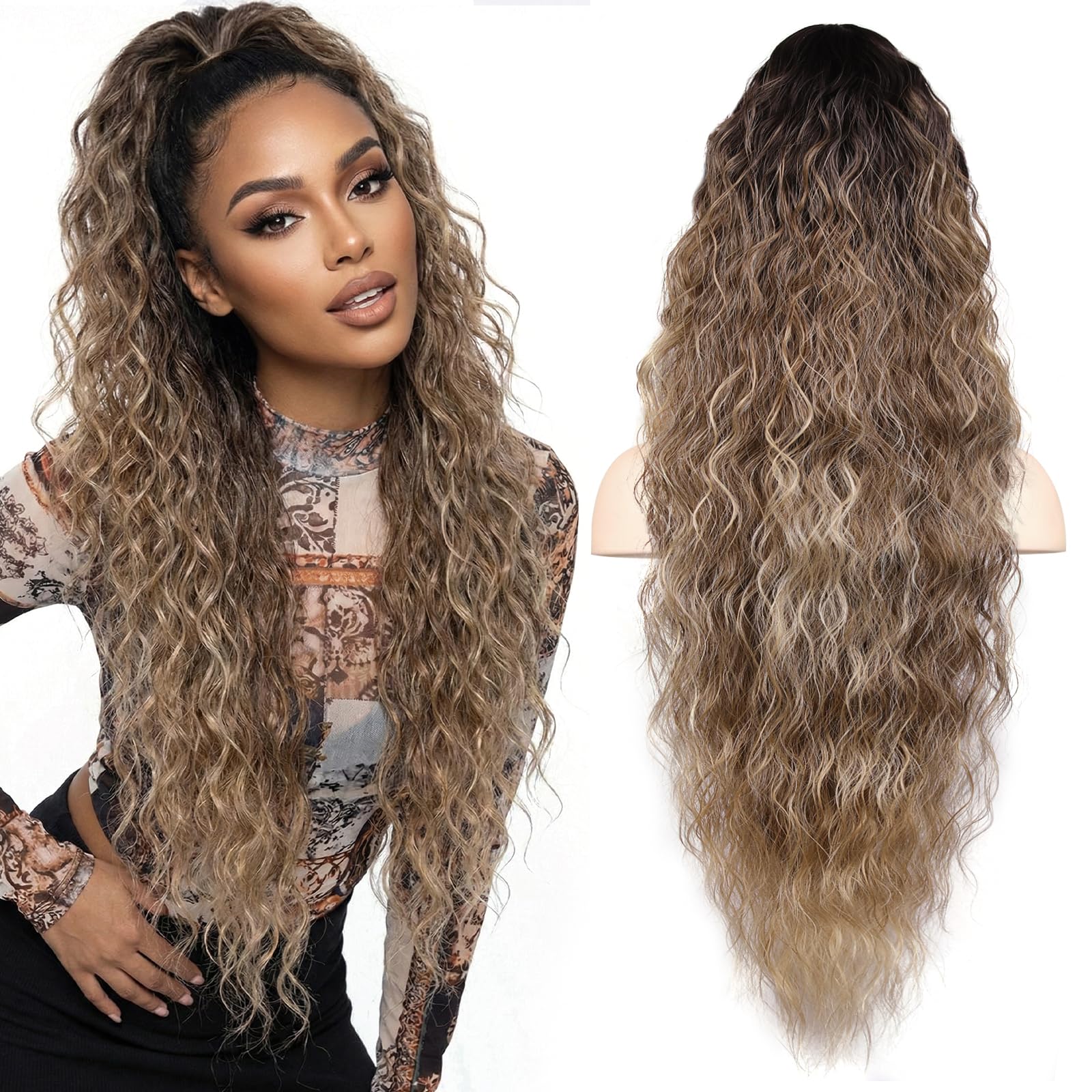 Photo 1 of ZQIAN BEAUTY 30 Inch Ponytail Extension, Clip on Ponytails for Women, Long Curly Wavy Ponytail Extensions for Women, Synthetic Layered Pony Tails Hair Extensions (Color: Ombre Black Brown Mix Blonde)