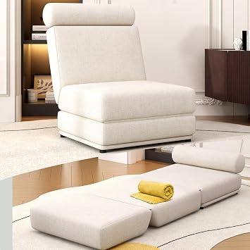 Convertible Sleeper Chair with Pillow, Lazy Sofa Bed,Reading Chairs for Adults,Linen Fabric Floor & futon Chair, Foldable Mattress for Living Room/Dorm/Guest Use/Apartment, Cream White