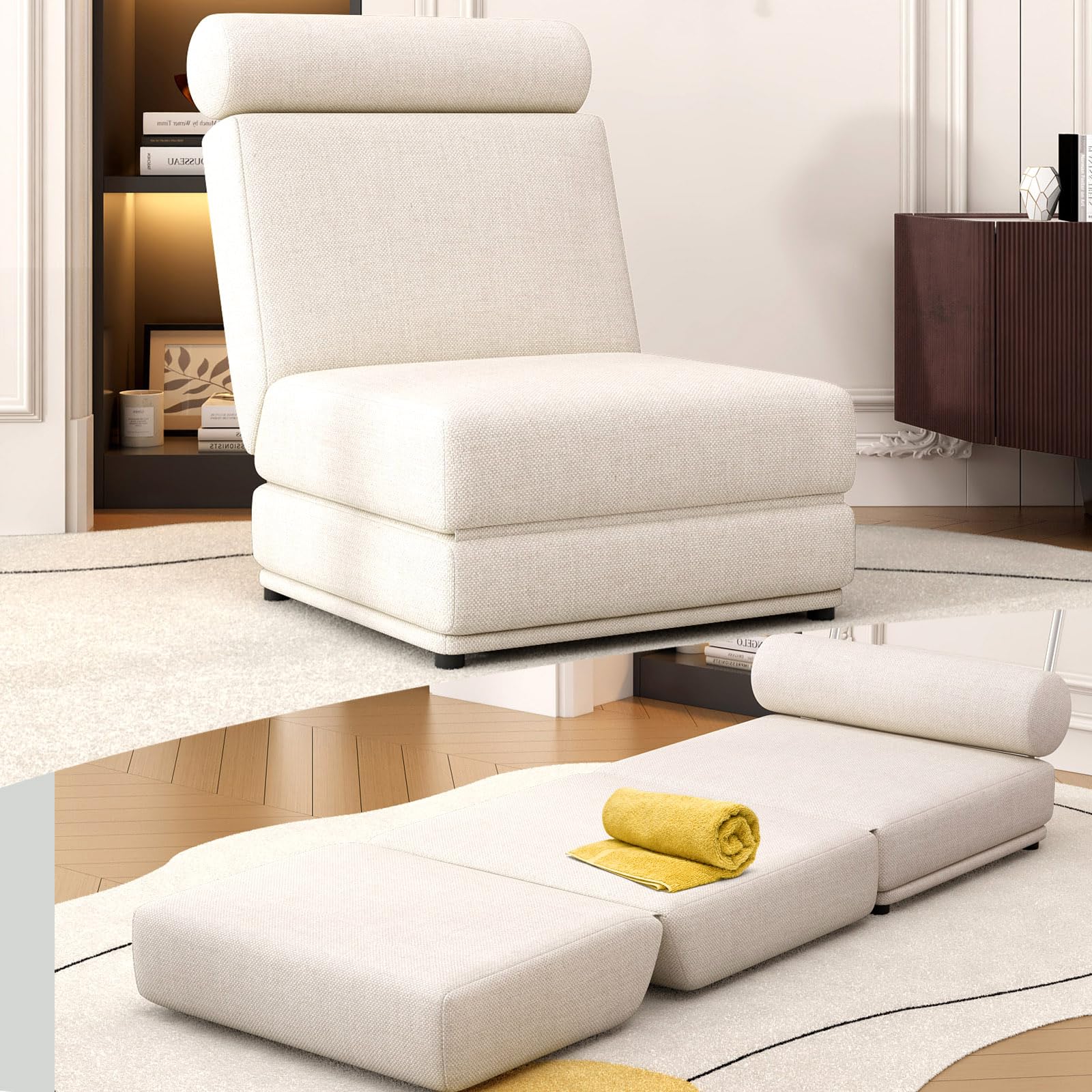 Convertible Sleeper Chair with Pillow, Lazy Sofa Bed?Reading Chairs for Adults?Linen Fabric Floor & futon Chair, Foldable Mattress for Living Room/Dorm/Guest Use/Apartment, Cream White