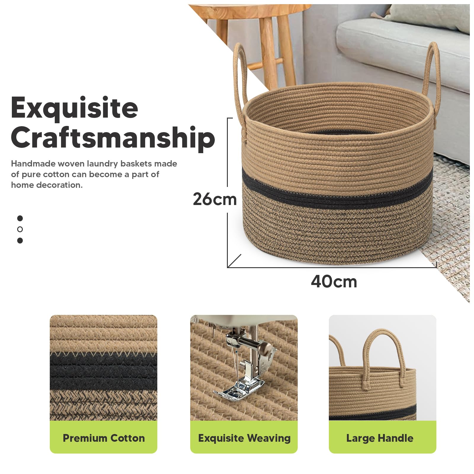 Cestas de Lavandería Tejidas 32L Almacenamiento Canasta Φ40 x H25 CM Cesta para la Ropa Sucia con Asa