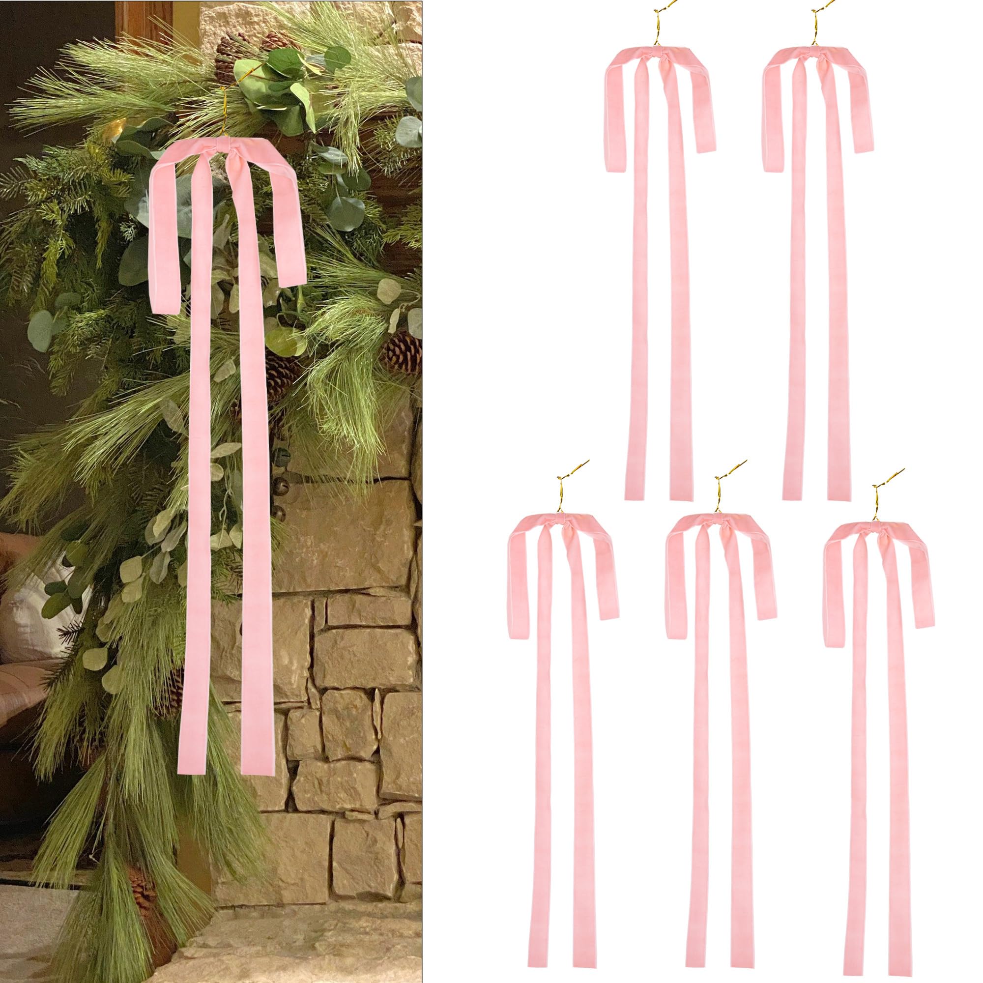 Photo 1 of **2 packs** Velvet Ribbon Bows for Christmas Tree – 5 Pcs Bow for Tree Topper and Ornaments, Rustic Vintage Neutral Decor for Xmas Holiday Home, Indoor & Outdoor Garland (Pink,15.7 x 23.6 Inches)