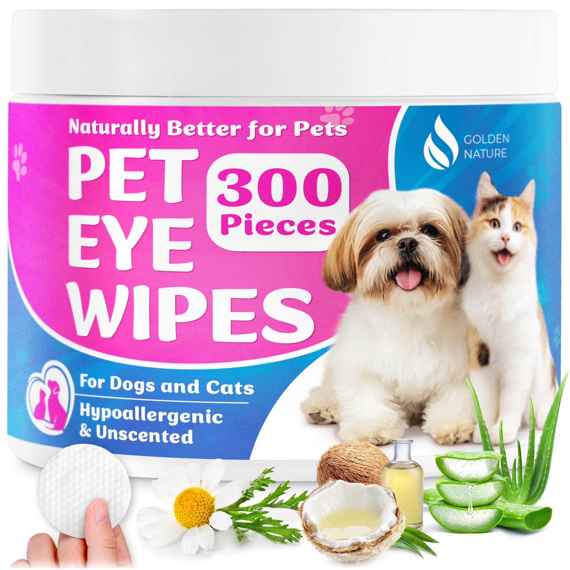 Golden Nature - Pet Eye Wipes for Dogs + Cats - 300 Pcs - Pet Eyes Cleaning Pads for Daily Care - Pre-Soaked/Disposable Wipes to Remove Tear Stains, Crust, Discharge - Help with Itching and Dryness