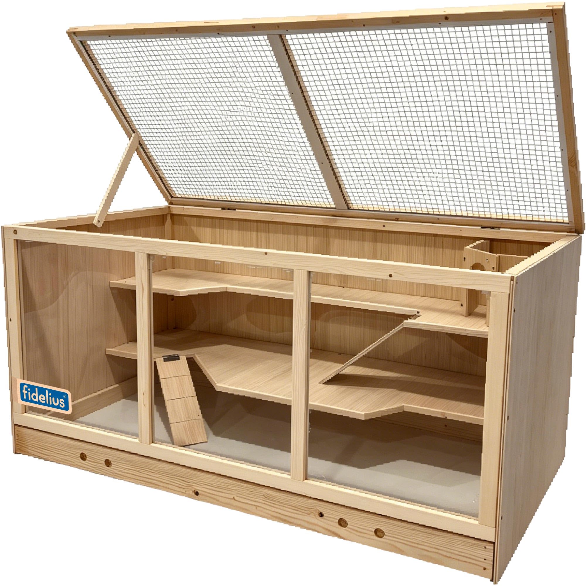 fidelius® Großer Nagerkäfig aus Holz auf 3 Etagen - Hamsterkäfig Indoor mit Deckel und Reinigungsklappe - Hamsterstall inklusive Zubehör - 115 x 57 x 55 cm - Natur