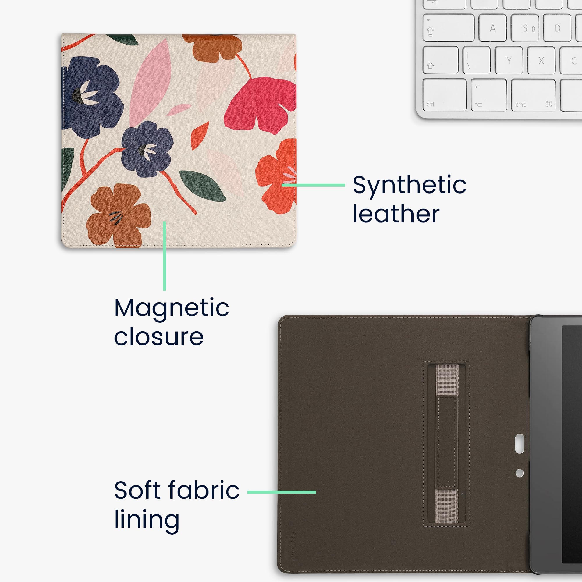 kwmobile Schutzhülle für Amazon Kindle Scribe (2022/2024) Hülle - eReader Flip Case mit Handschlaufe und Auto Sleep Funktion - Blumen Farbenfroh mit Pink Dunkelblau Creme