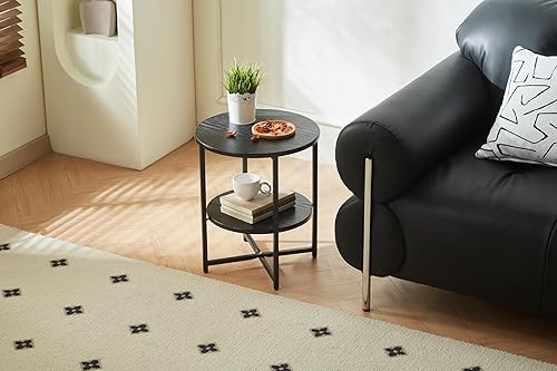 Miniatura 1 de Mesa auxiliar circular compacta negra  Mesa auxiliar multiusos con doble estante para espacios pequeños