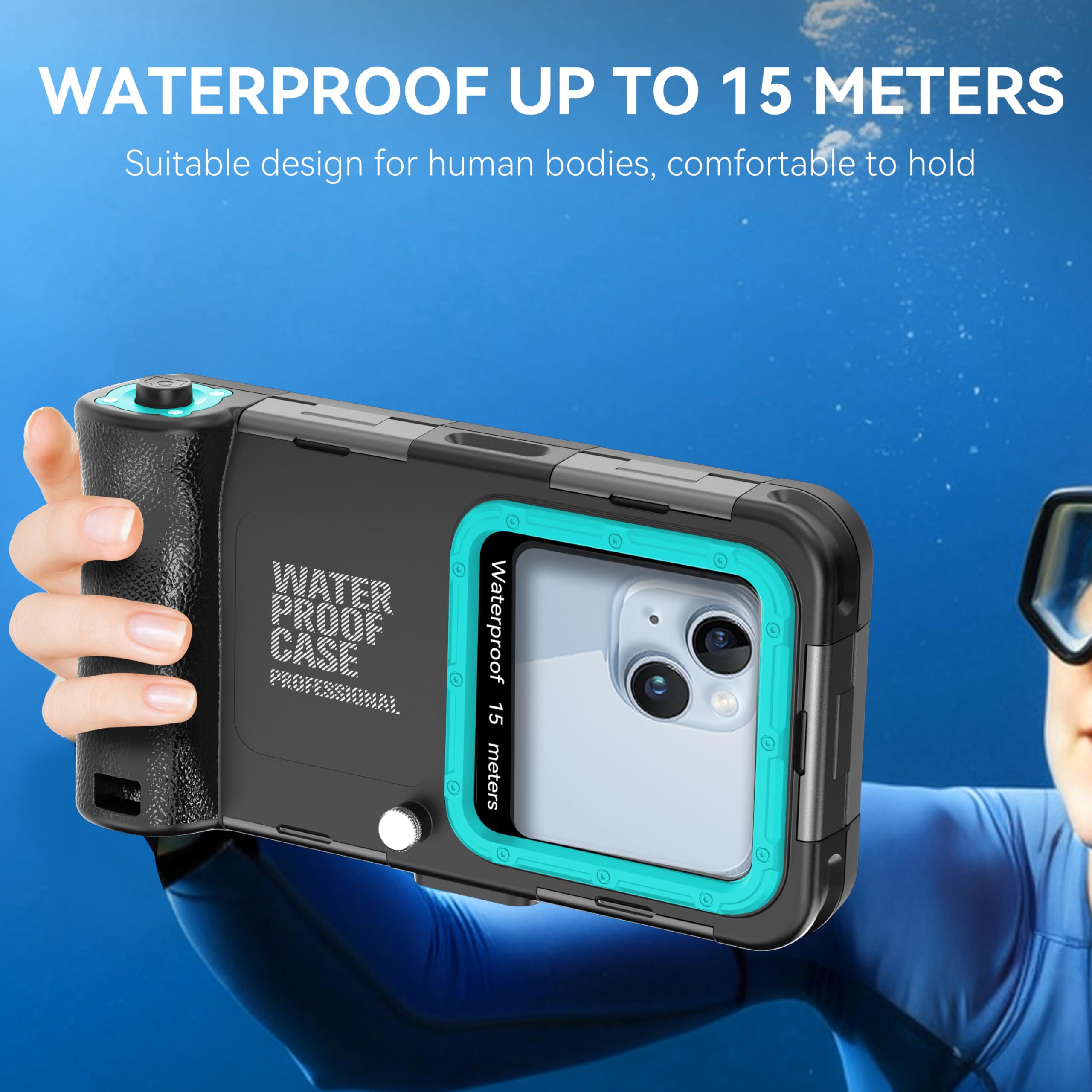 Boîtier de plongée sous-marin pour iPhone 17/16/15/14/13/12/11 Pro Max/XR/XS et plus - Protection professionnelle - 15 m - Pour la plongée en apnée, le surf, les photos et les vidéos (noir/bleu-vert)