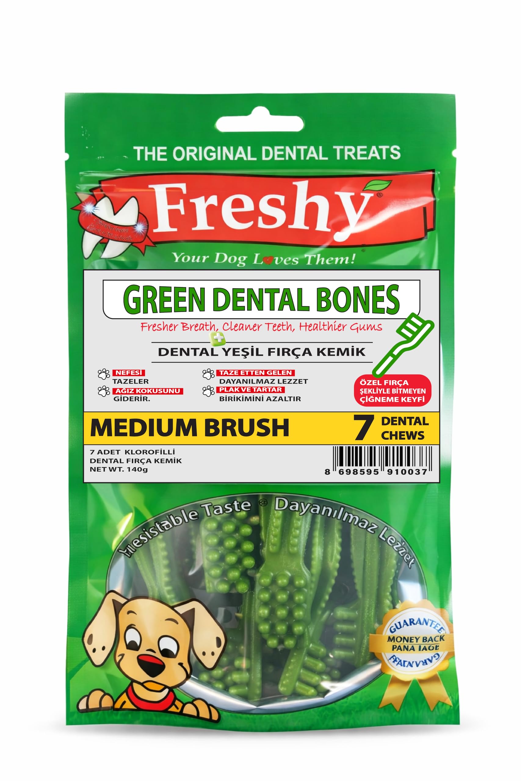 Green Dental Bones Medium Köpek Ödülü 140g – Ağız Kokusu Giderici, Diş Temizleyici, Plak & Tartar Önleyici, Doğal Klorofilli (7'li Paket)