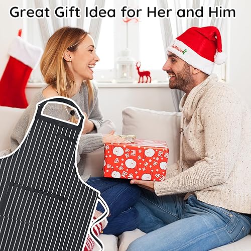 Miniatura 7 de Paquete de 2 delantales de cocina a rayas, talla grande, unisex, profesional, grande, con 3 bolsillos para cocinar, trabajar, hornear