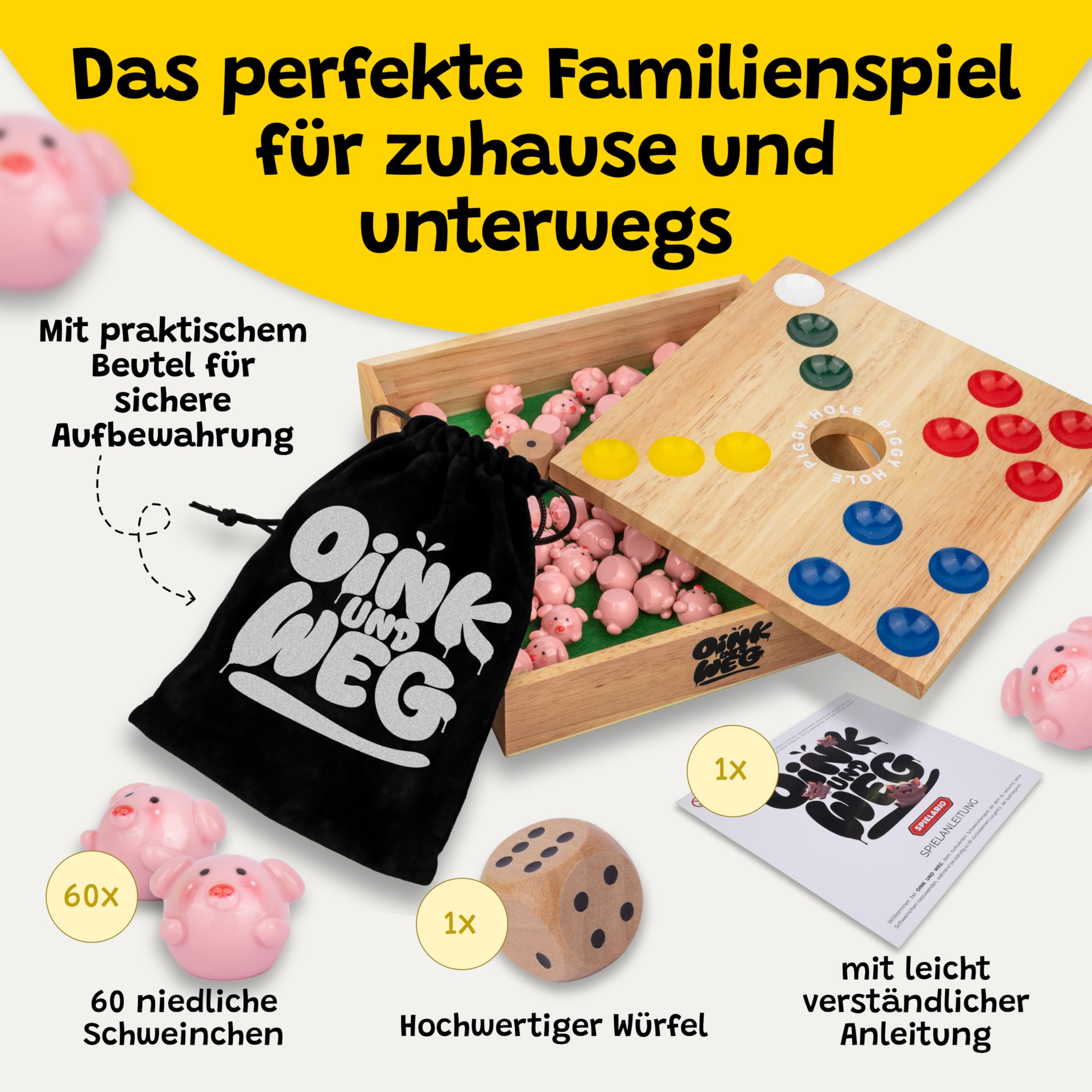 OINK und Weg | Schweinchen Spiel Holz | Das lustige Familienspiel für zwischendurch | Big Hole Schweinchenspiel | Mehr Spannung durch taktisches Würfeln | Schweine Spiel als Geschenk | Board Games