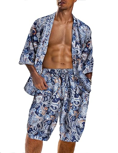 COOFANDY Conjunto de 2 piezas de bata tipo kimono para hombre, frente abierto, estilo cardiano, japonés, harén, pantalones cortos capri para playa,