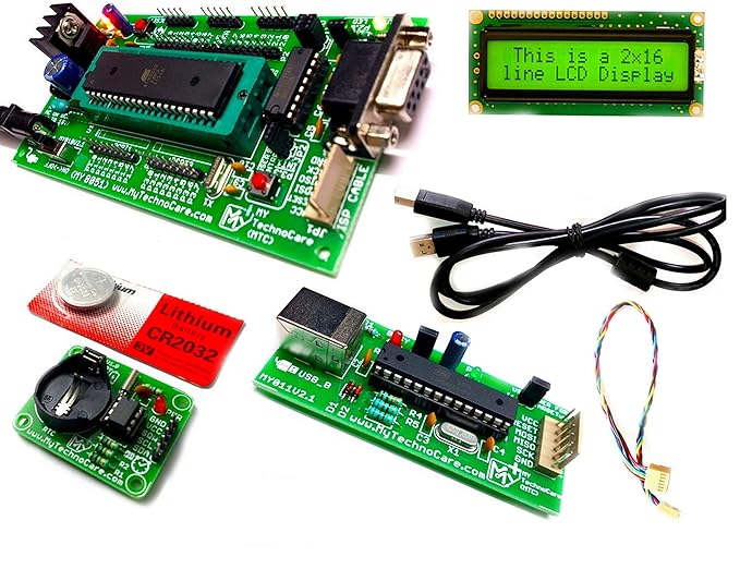 MY TechnoCare 8051 Development Board with USB Isp Programmer Kit, DS1307 RTC Module Real Time Clock, 16x2 LCD Display Yellow/Green, Onboard ZIF Socket 40-Pin, MAX232, Atmel AT89S52 Microcontroller IC