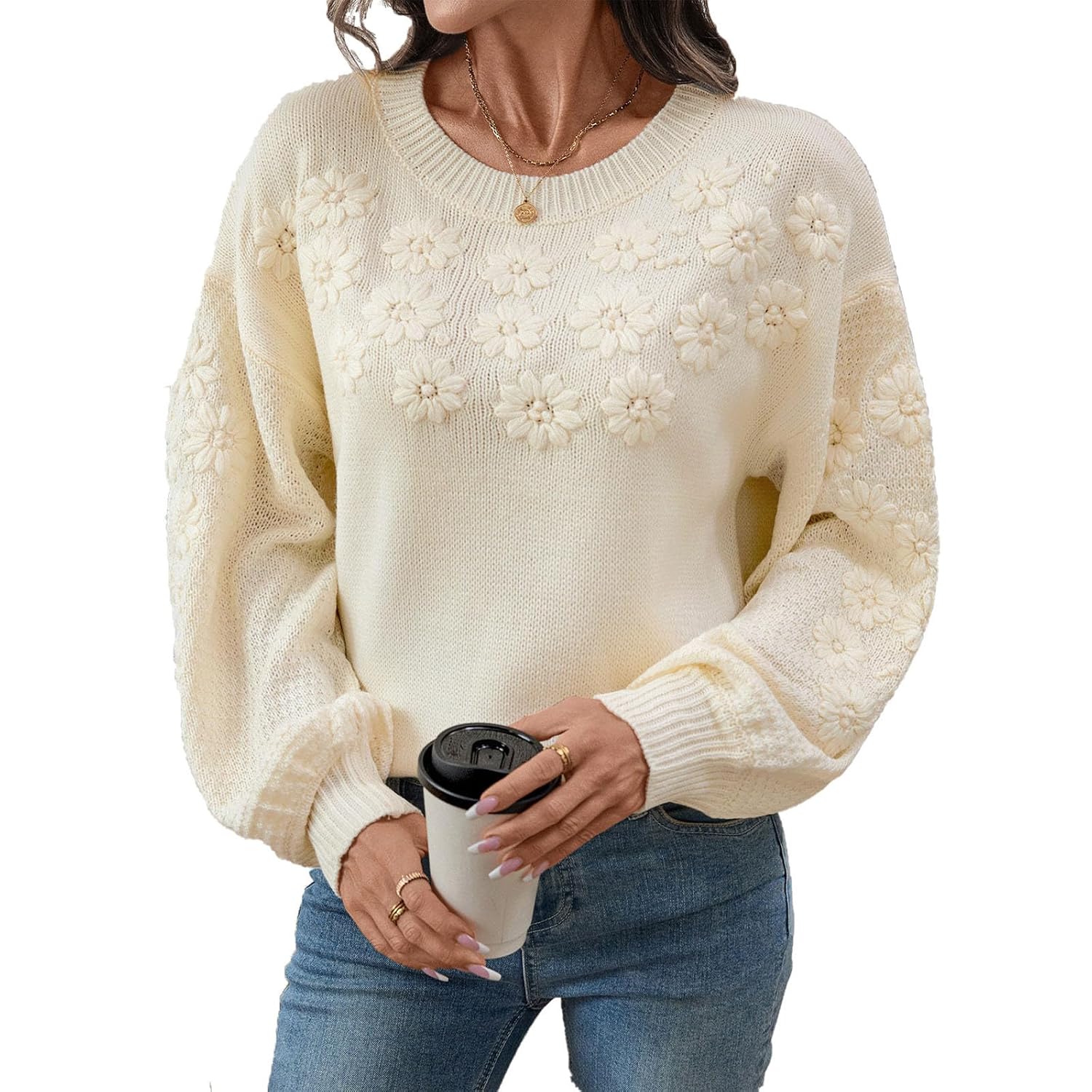 HGps8w Womens 3D Flowers Sweaters Loose Crewneck Long Sleeves Ladies Elegant Knitted Pullover Casual Sweater Tops