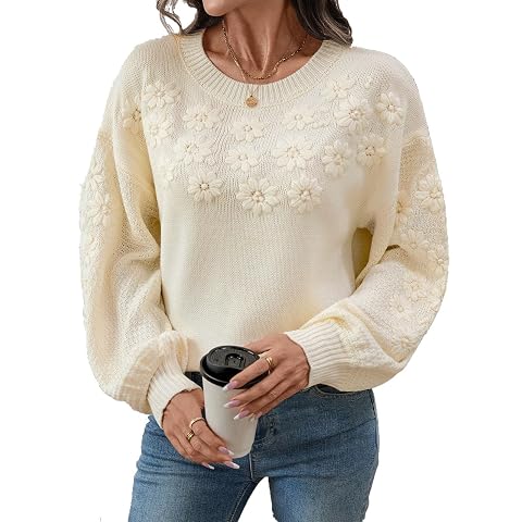 HGps8w Womens 3D Flowers Sweaters Loose Crewneck Long Sleeves Ladies Elegant Knitted Pullover Casual Sweater Tops