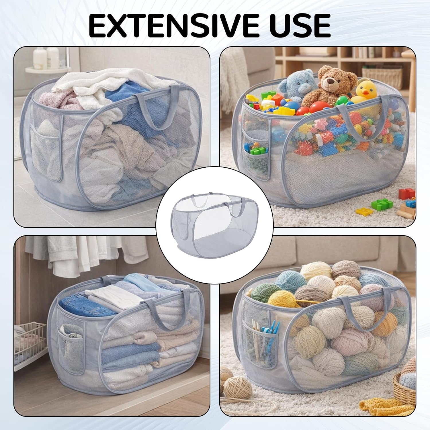 Mesh Pop Up Laundry Hamper, Foldable Basket with Side Pocket Grey