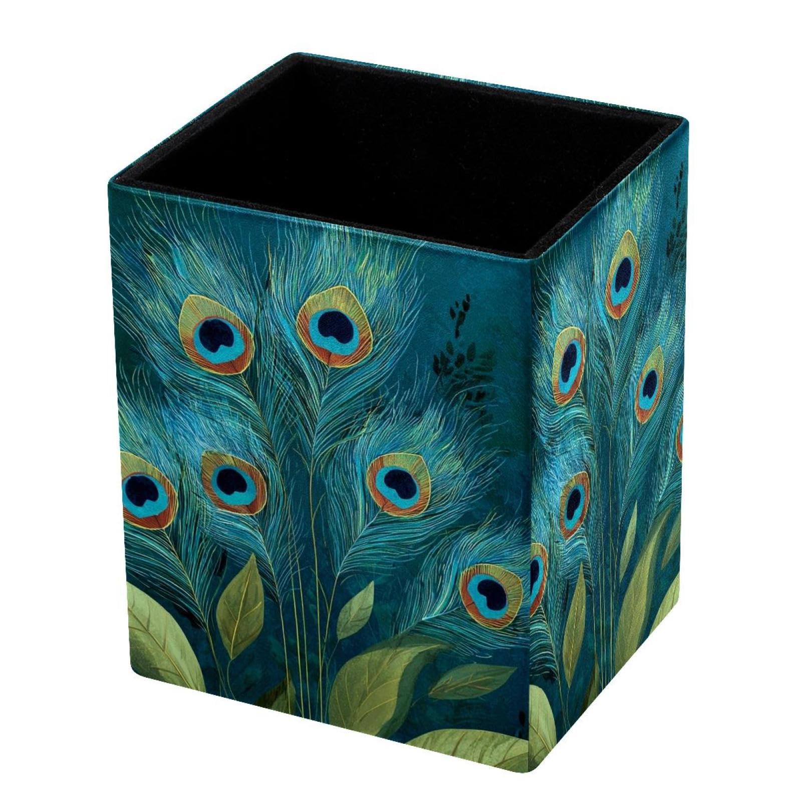 VAPOKF Pencil Holders for Desk, Peacock Feather Printed Pen Holders Pen Pot Makeup Brushes Storage Desktop Stationery Supplies Organiser for Home Office