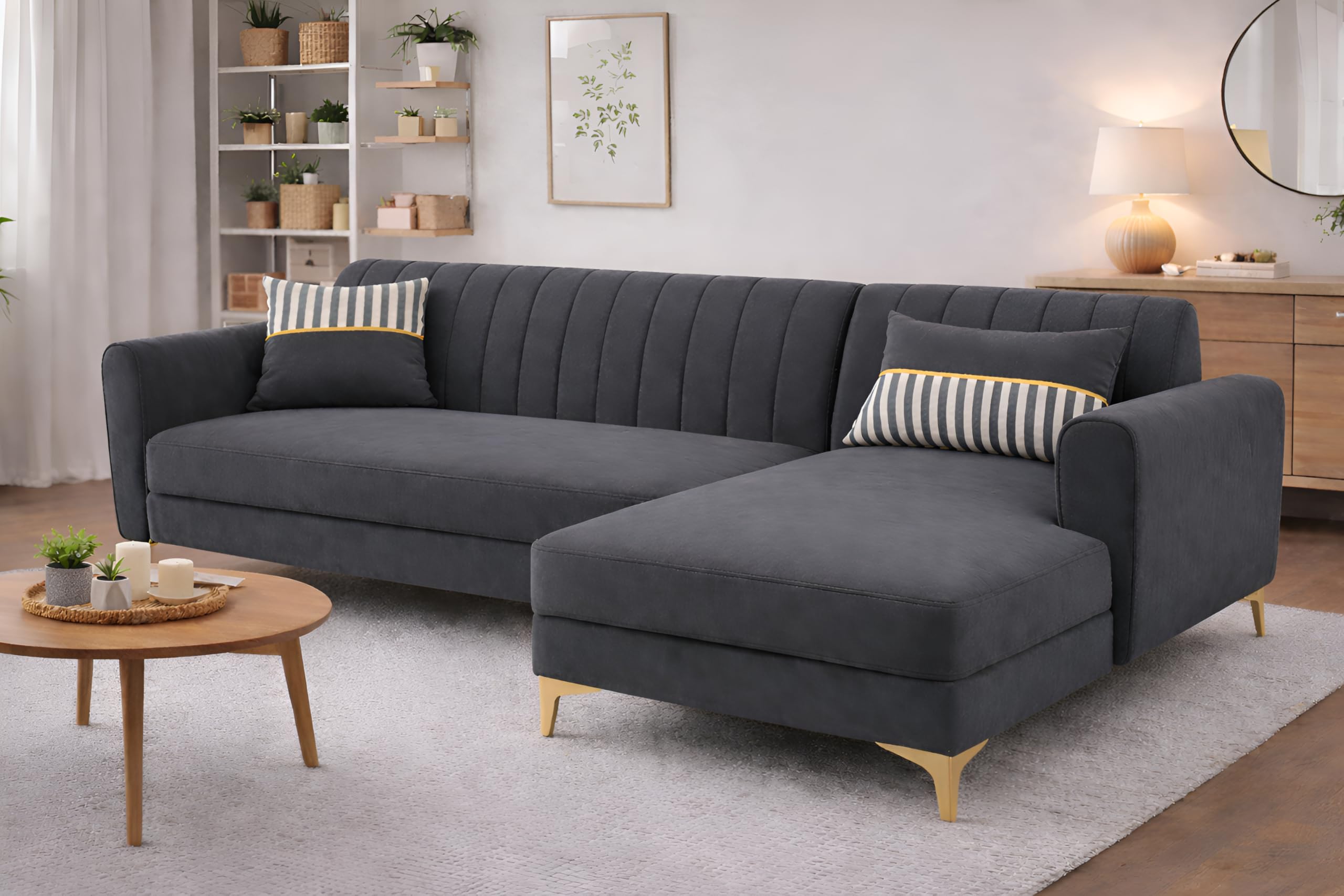 Adorn India Premium Luster 6 Seater L Shape Sofa Set | Velvet Suede Fabric | 3-Year Warranty | RHS |Color Dark Grey with Golden Legs & Striped Pattern Cushion