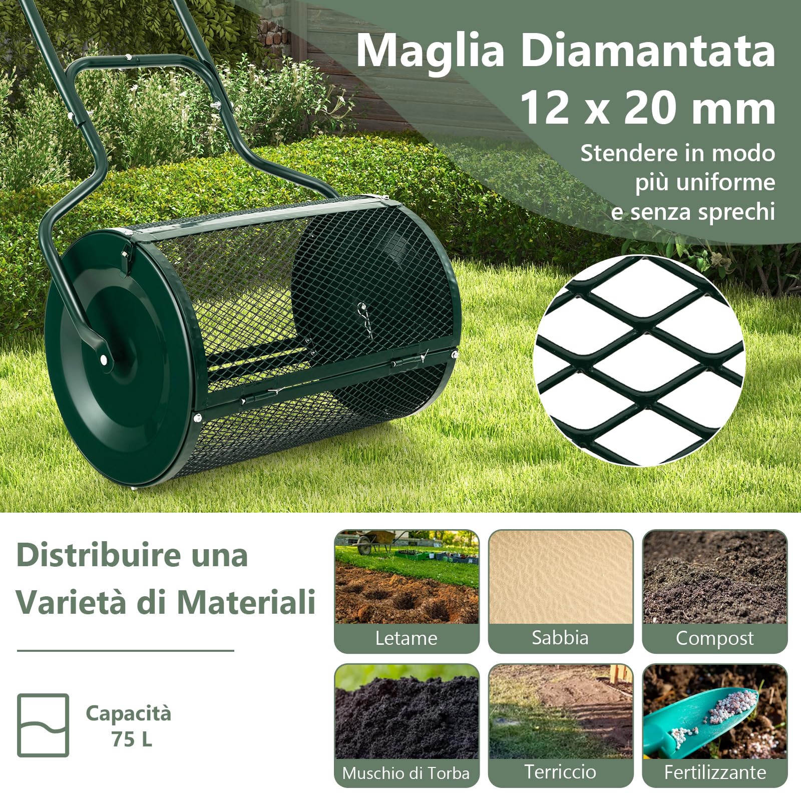 RELAX4LIFE Spandiconcime da 75L, Larghezza 60 cm, Ø Rullo: 41 cm, Spanditore da Giardino/Prato con Cestello in Rete Metallica e Manico, per Compost, Torba, Semi e Terriccio (41 x 60 cm,Verde)