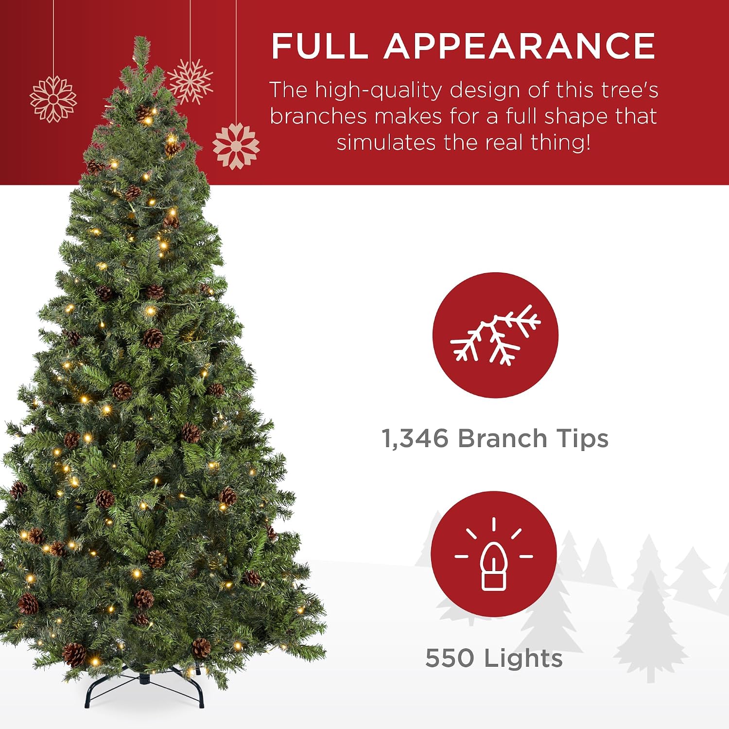 Best Choice Products 7.5ft Pre-Lit Pre-Decorated Pine Artificial Christmas Tree w/ 1,346 Tips, 80 Pinecones, 550 Lights, Base - Green