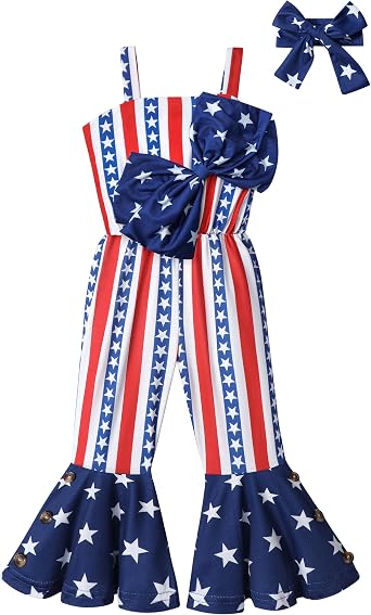 DONWEN Toddler Girl 4th of July Outfit American Flag Bow Tie Sleevelss Stars Stripes Patriotic Girls Jumpsuit Clothes