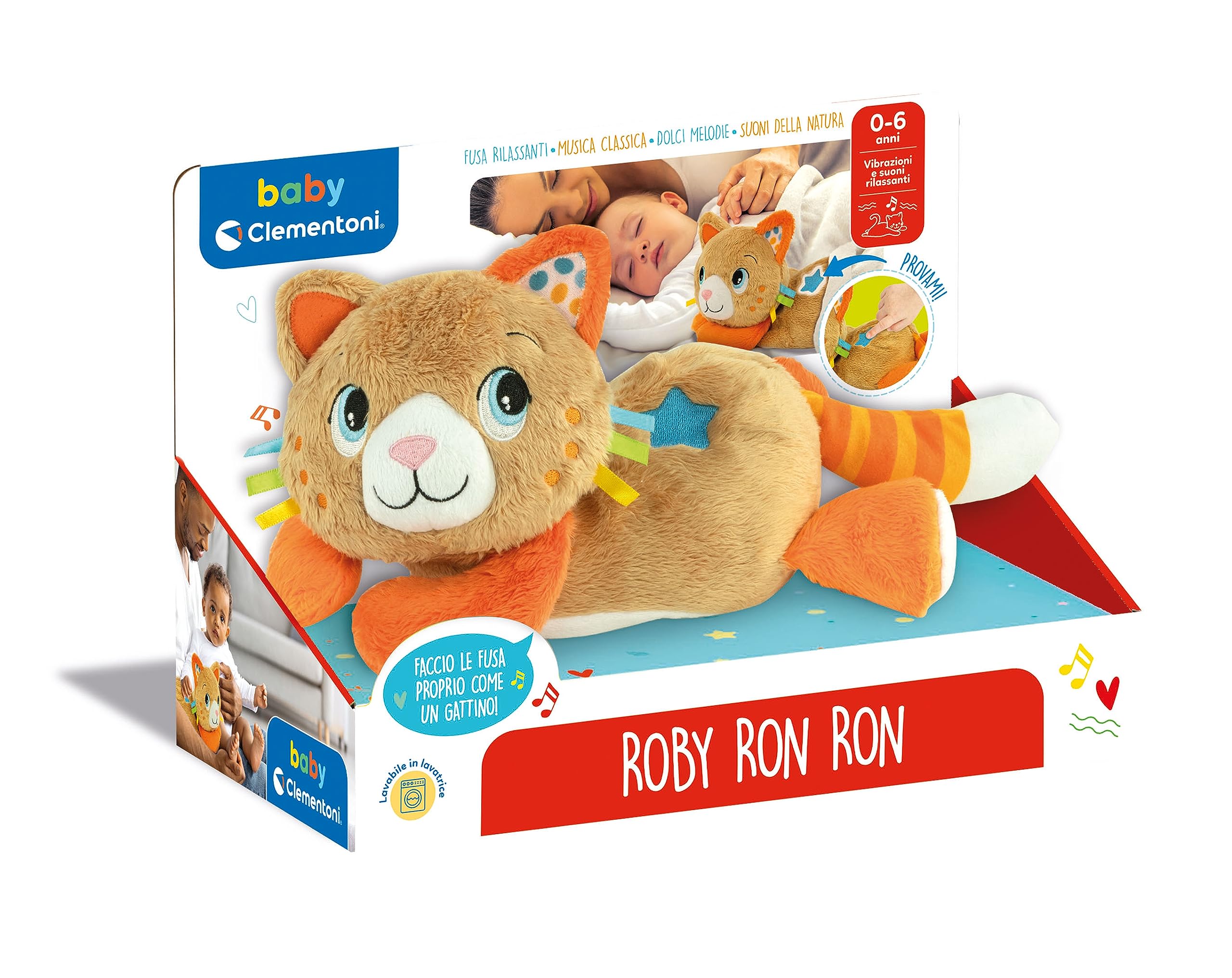 Clementoni - 17876 - Roby Ron Ron - Gatto Peluche Interattivo Che Simula Le Fusa, Melodie E Suoni Della Natura, Sviluppo Multisensoriale, Regalo Neonati, 100% Lavabile (In Italiano, Batterie Incluse)
