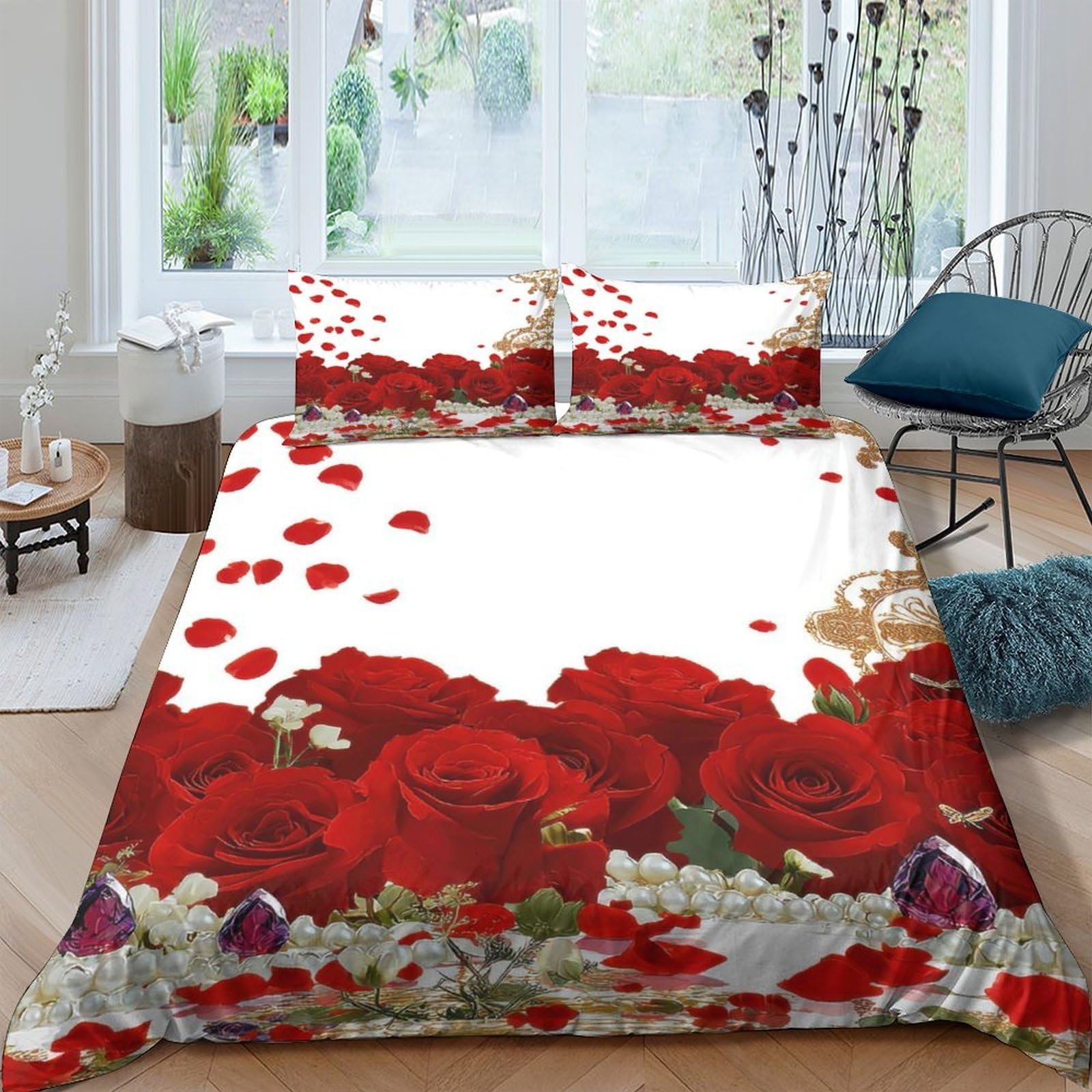 Ctjqhvkz Style-1 3D Printed Red Rose Fitted Sheet Microfiber Soft Bedroom Decor Romantic Petals Bed Cover For Home Guest Room Single（135X200cm）