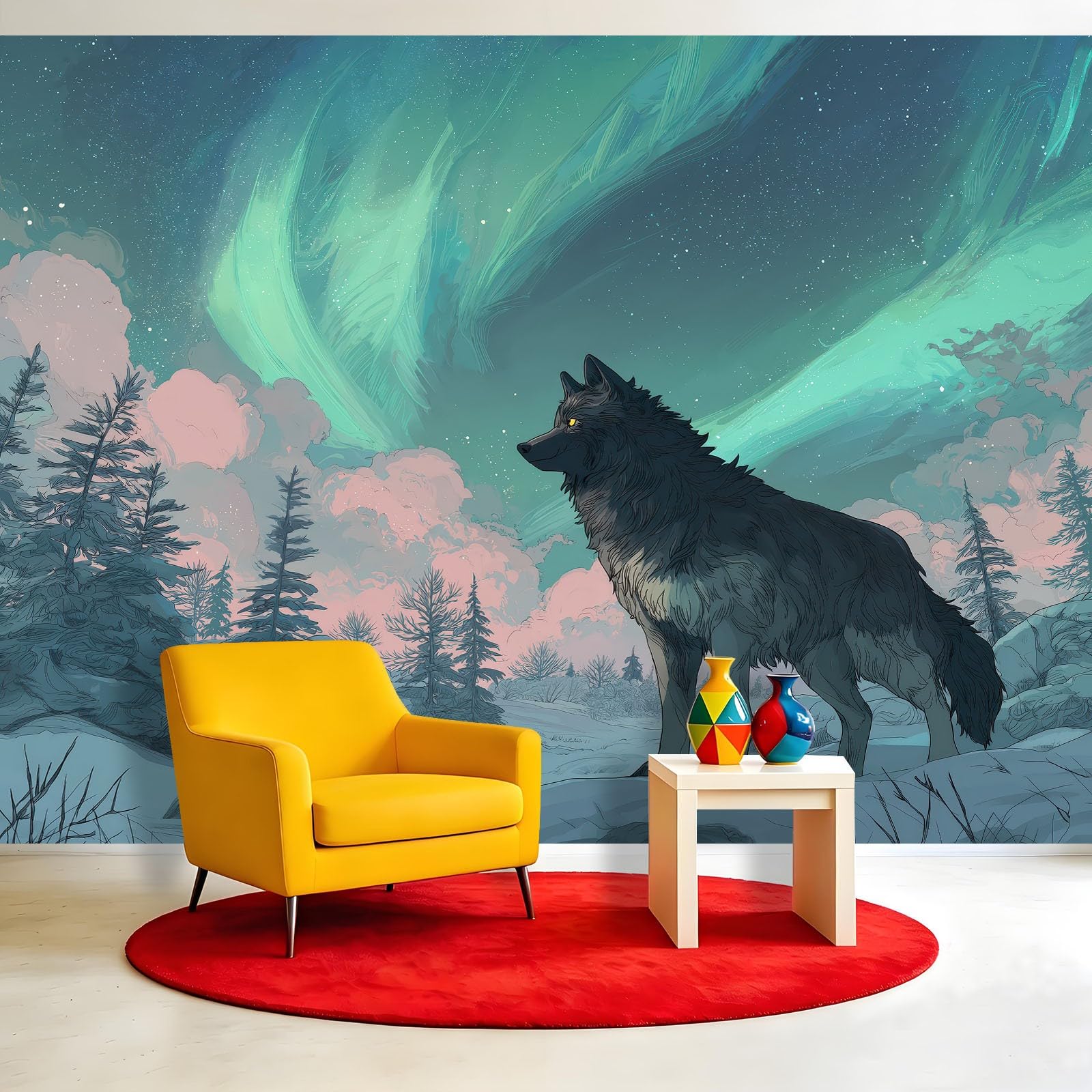 Panoramiczna tapeta z włókniny fantasy wilk 200 x 140 cm tapeta dekoracyjna do salonu i sypialni, efekt 3D, zorza polarna na południe chmura