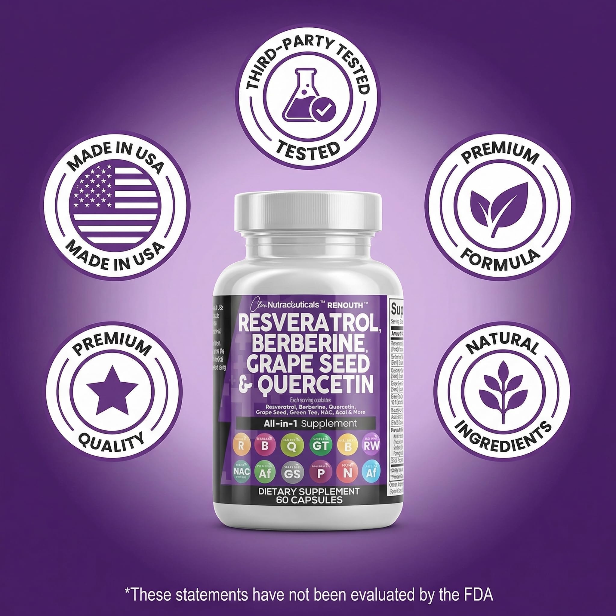 Clean Resveratrol Supplement | Berberine Grape Seed Extract Quercetin Green Tea Extract Acai Noni Polyphenol Supplement for Women & Men N-Acetyl Cysteine — Amazon image 9