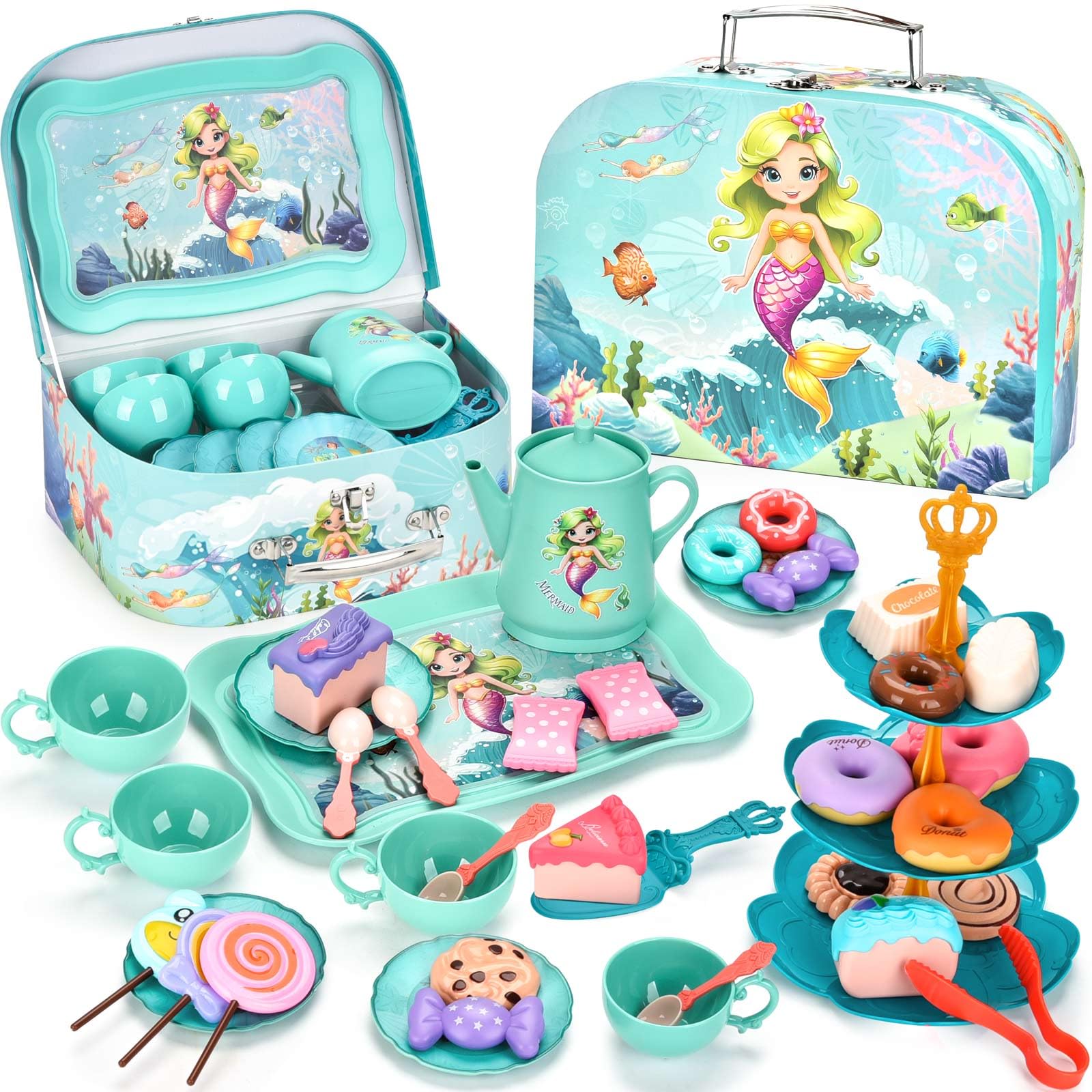 Amplov Mermaid Tea Set for Toddlers, Kids Pretend Play Tea Party Set – Plastic Kitchen Toy Teapot Set with Cups, Plates, Carrying Case, Princess Role Play Toys Birthday Gift for Girls Age 3 4 5 6