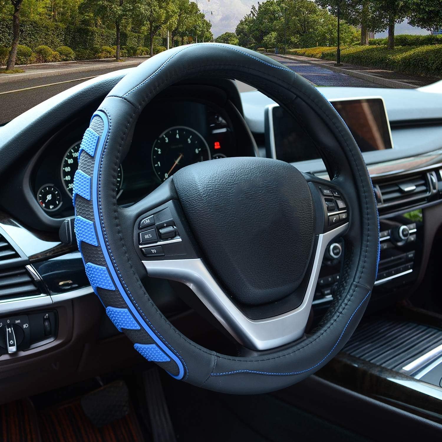 Car Steering Wheel Cover with Durable PU Leather, Universal 15 inch Fit for Car Truck SUV, Breathable Anti Slip Auto Steering Wheel Covers for Men and Women, Blue