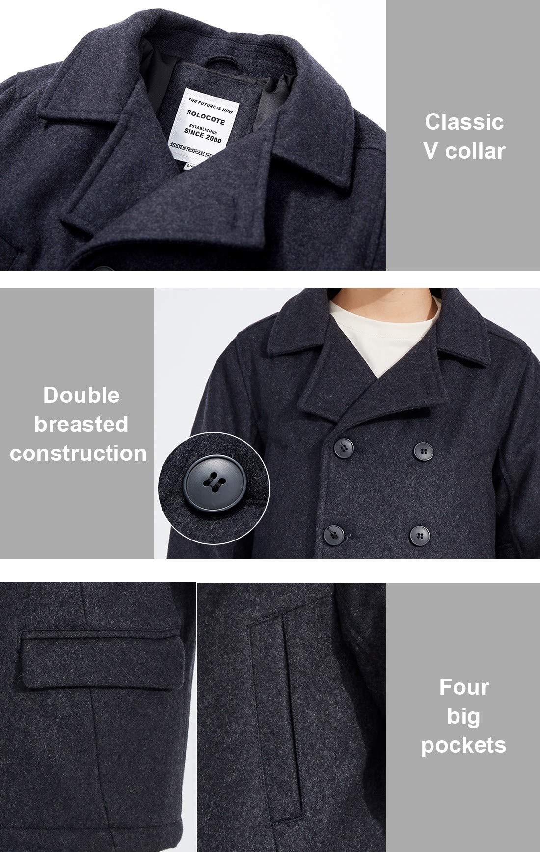 SOLOCOTE Niños Invierno Lana Blend Abrigo de guisante Niños Cuello con muescas Doble Pechera alargada Abrigo trench