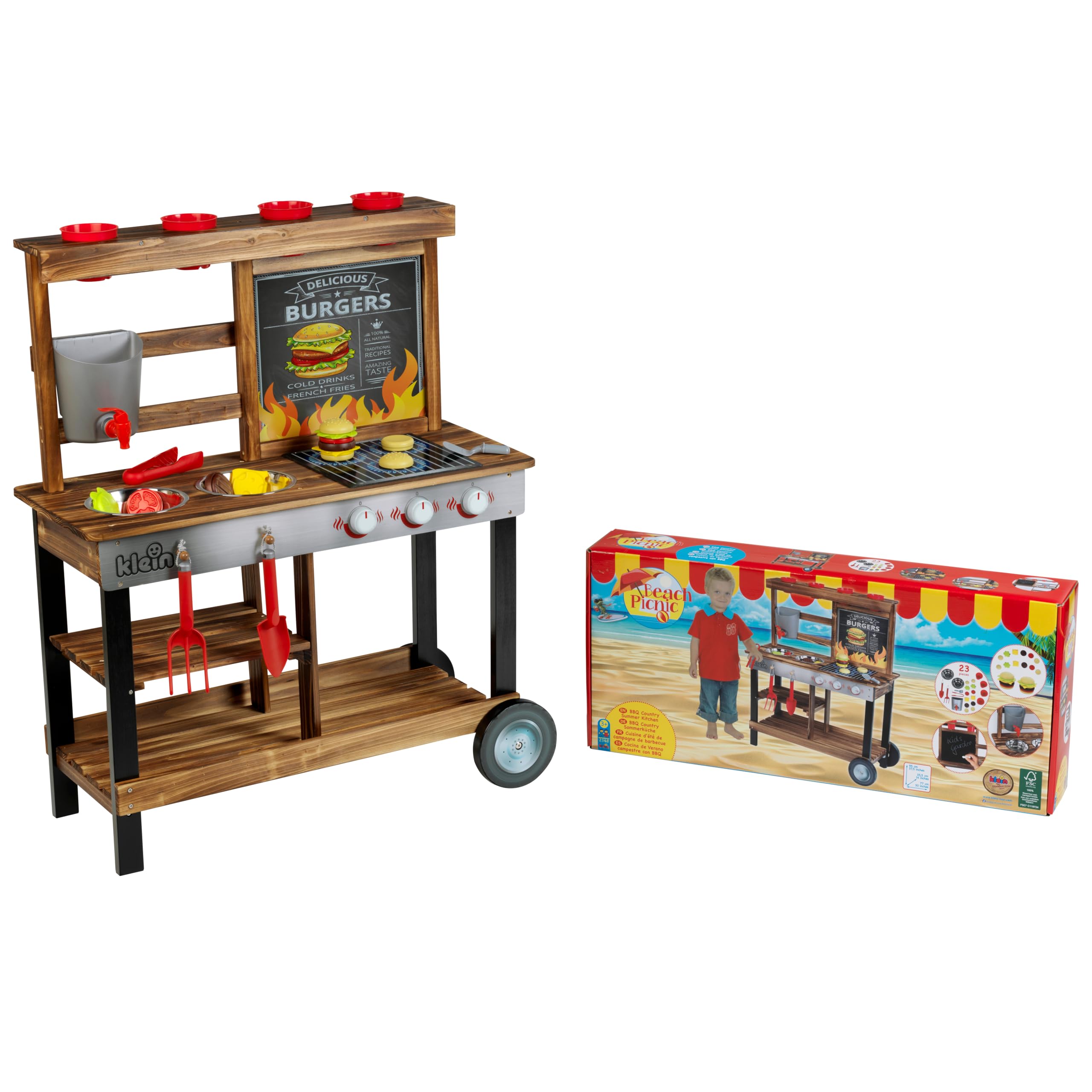 Theo Klein 2368 Beach Picnic - BBQ Country Summer Kitchen I Wooden mud kitchen with barbecue & plant station I Incl. accessories I Toy for children from 3 years