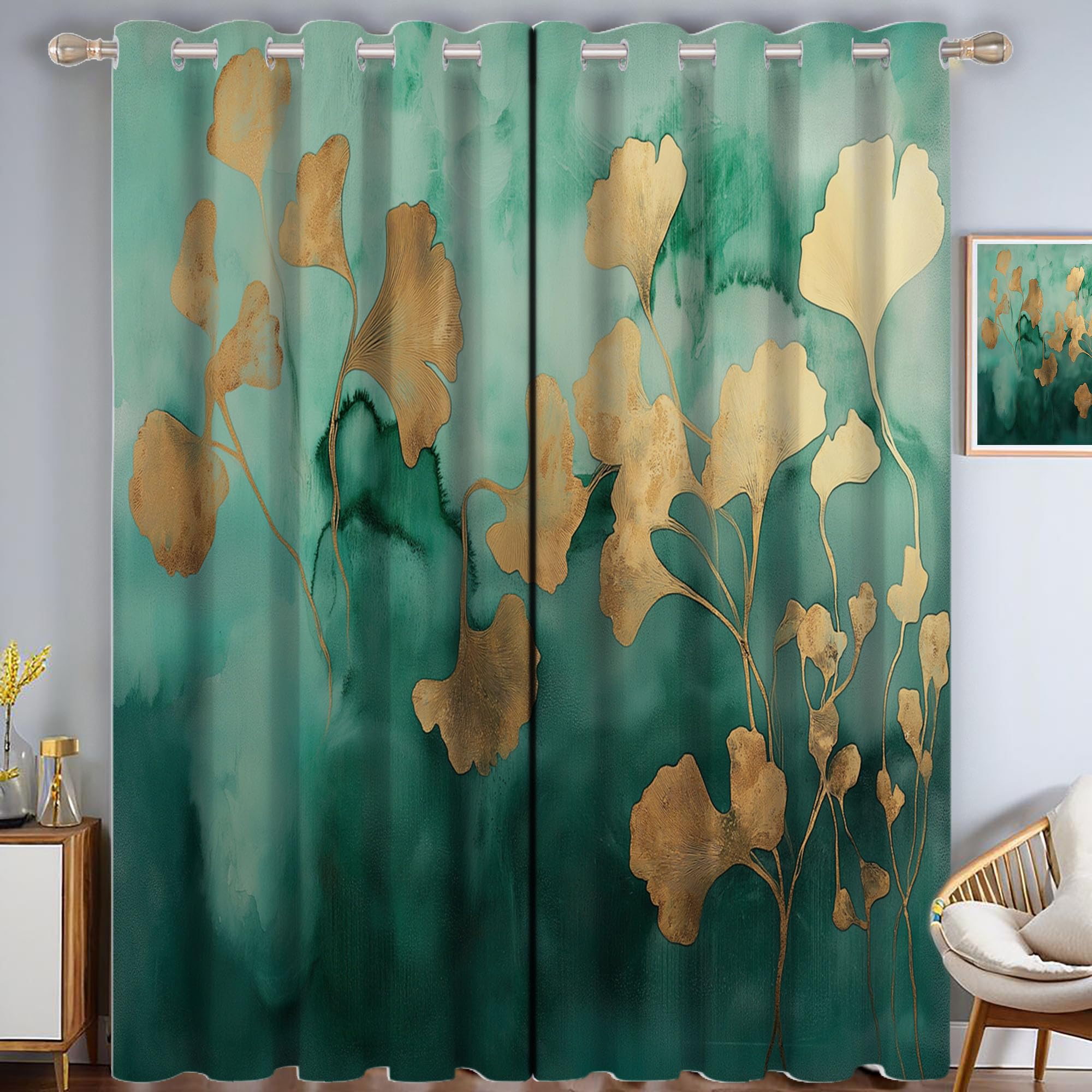 Rideaux isolants contre le froid et la lumière, rideau occultant ginkgo vert or 140x200 cm