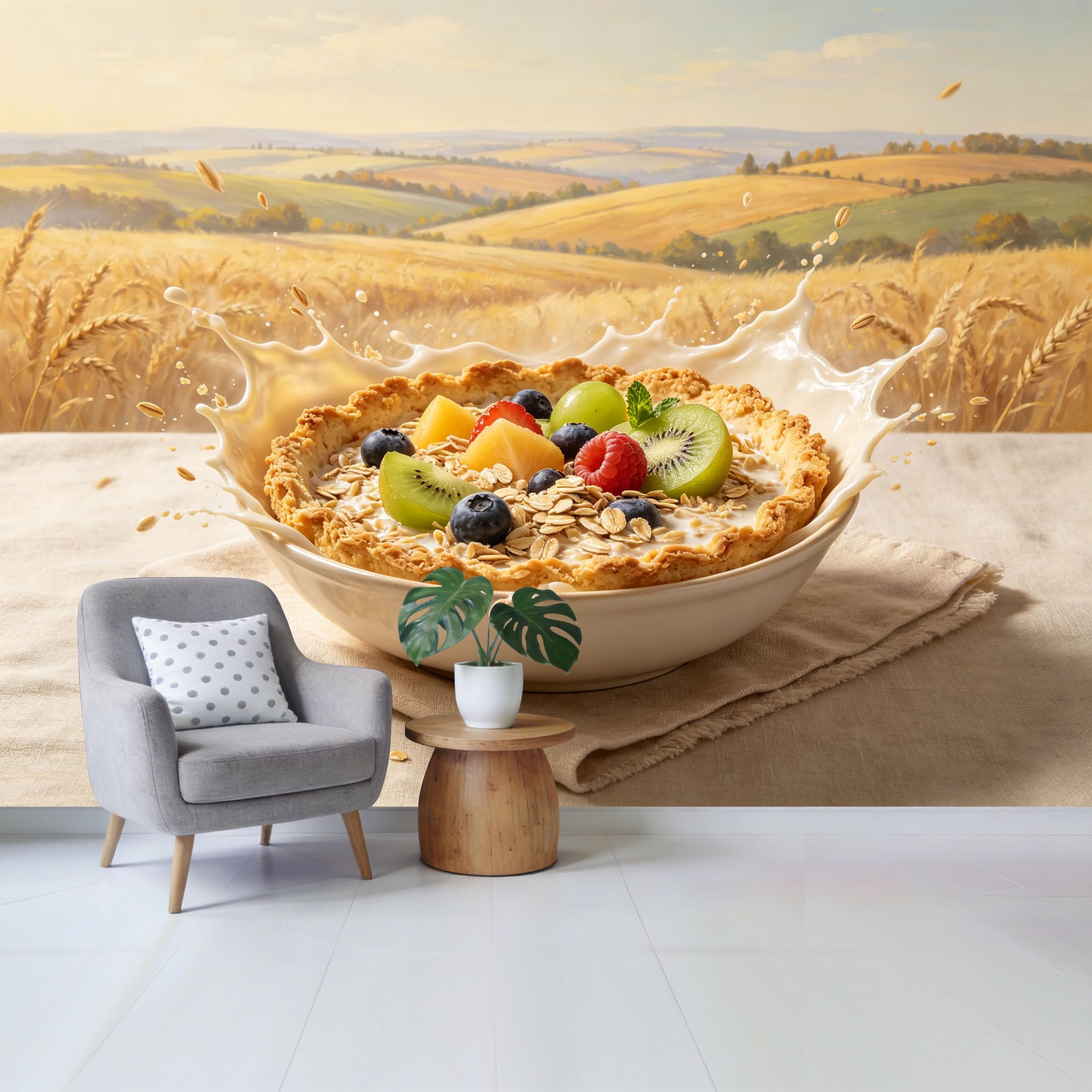 Qzlithotic Yq2605250424 Custom Size Wall Mural Fresh Fruit Oat Bowl Splashing Milk Rural Farmhouse Landscape Oil Painting Selfadhesive Wall Fabric Removable Wallpaper For Home Office Decor