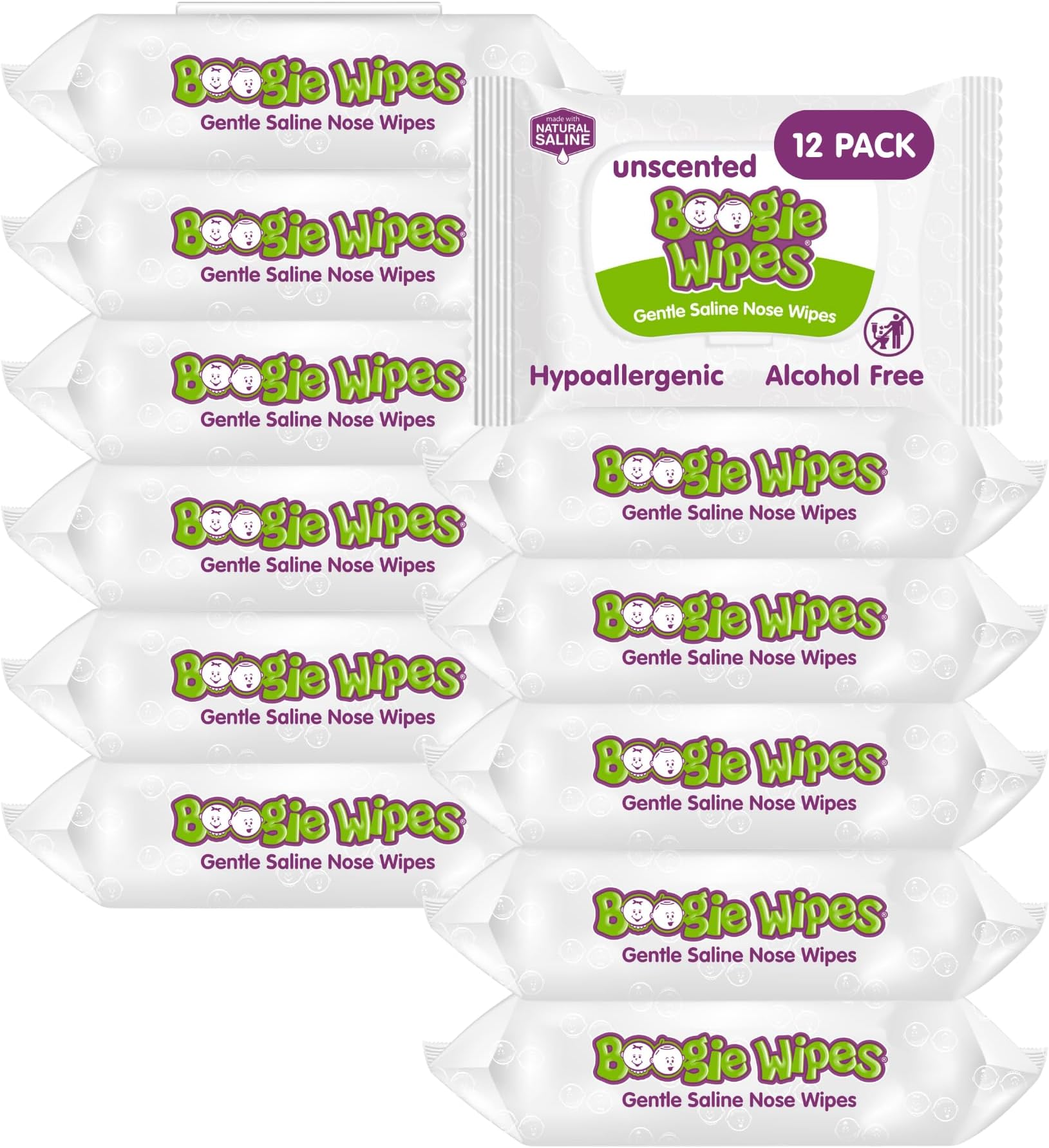 Boogie Wipes - Saline Nose Wipes Unscented - 360 Count | Hypoallergenic & Alcohol-Free, Allergy Relief, Made with Natural Saline, Aloe, Chamomile & Vitamin E, Diaper Bag Essential