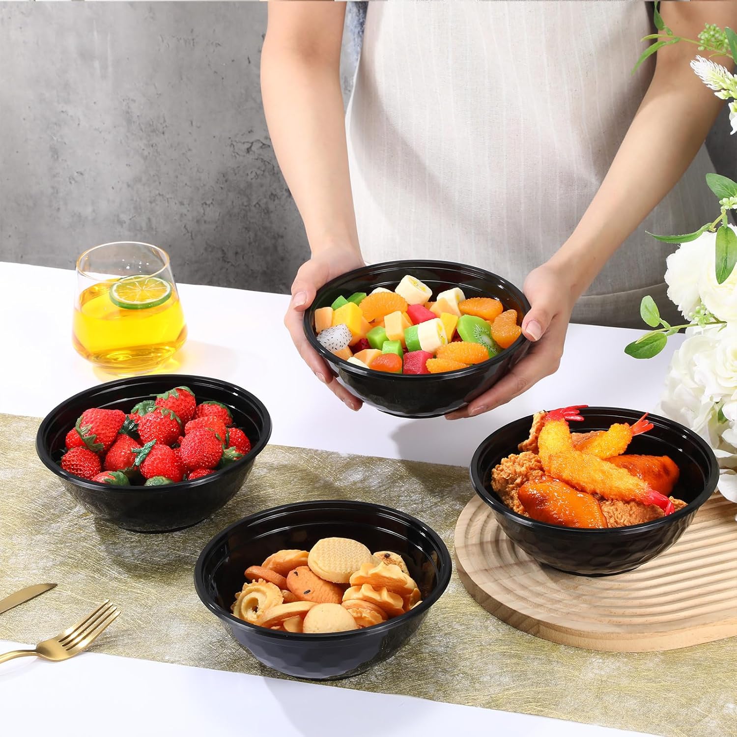 100 Pack 32oz Black Disposable Plastic Bowls Plastic Salad Bowls Large Stackable Serving Soup Dinnerware for Birthdays, Weddings, Parties, Festivals - Image 3