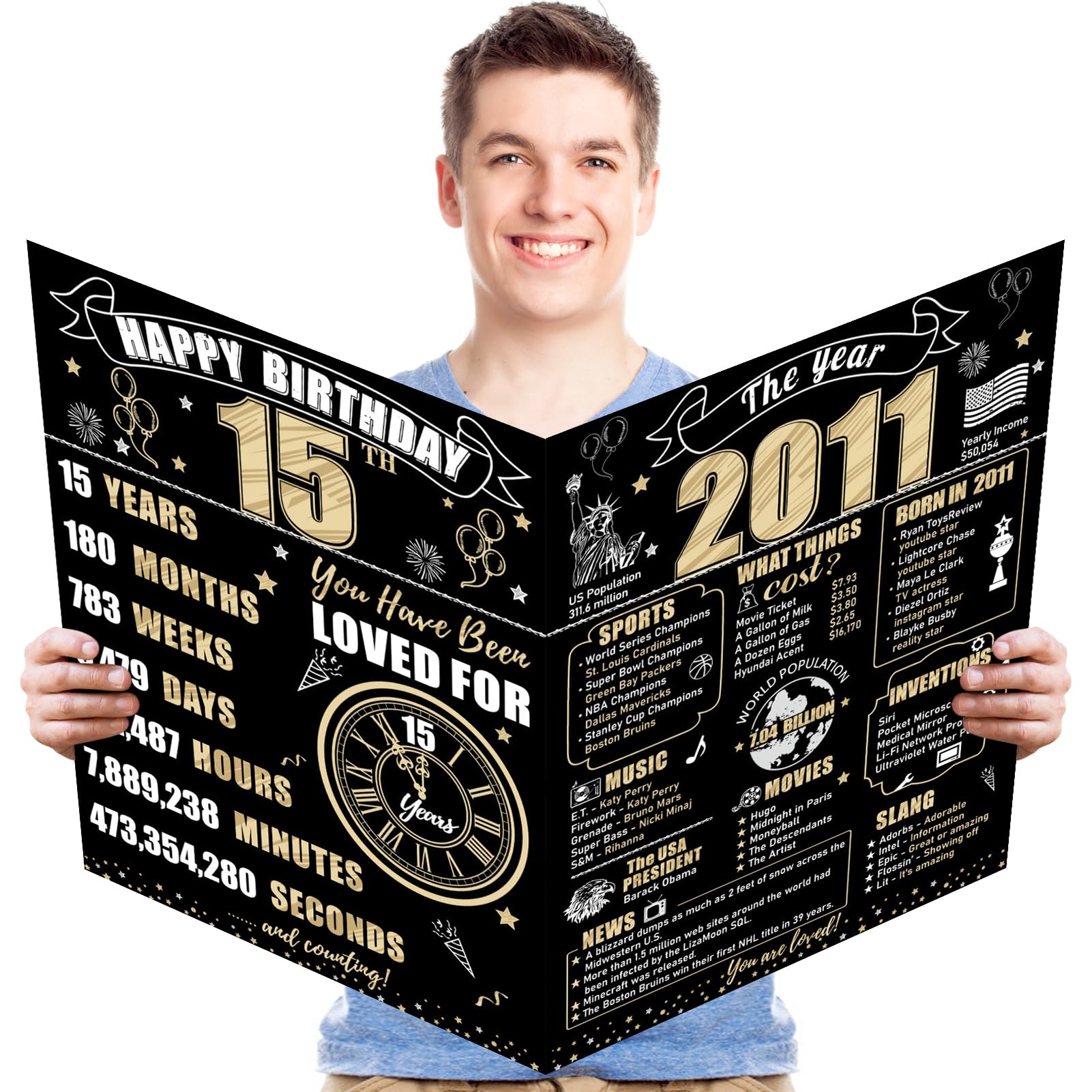 Turypaty Large 15th Birthday Card With Envelope for Boys Girls, 2011 Black Gold Happy 15th Birthday Giant Guest Signature Book Gifts, Big Vintage 2011