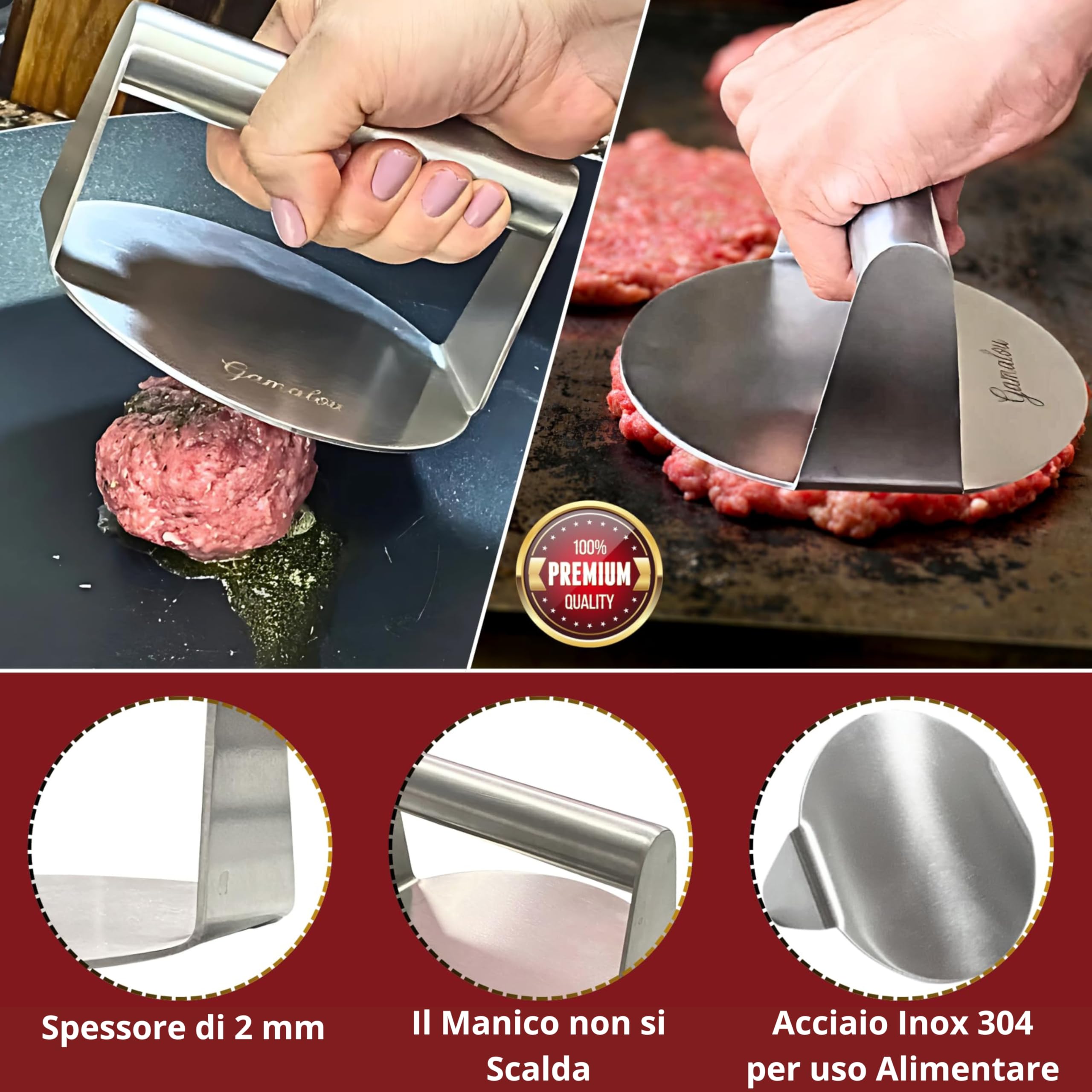 Smash Burger Kit Professionale in Acciaio Inox: Pressa Hamburger, Spatola 13 cm, Raschietto 10 cm, 2 Cloche, Anelli Uovo e Spargispezie per Griglia, Piastra, Padella – Certificato EU
