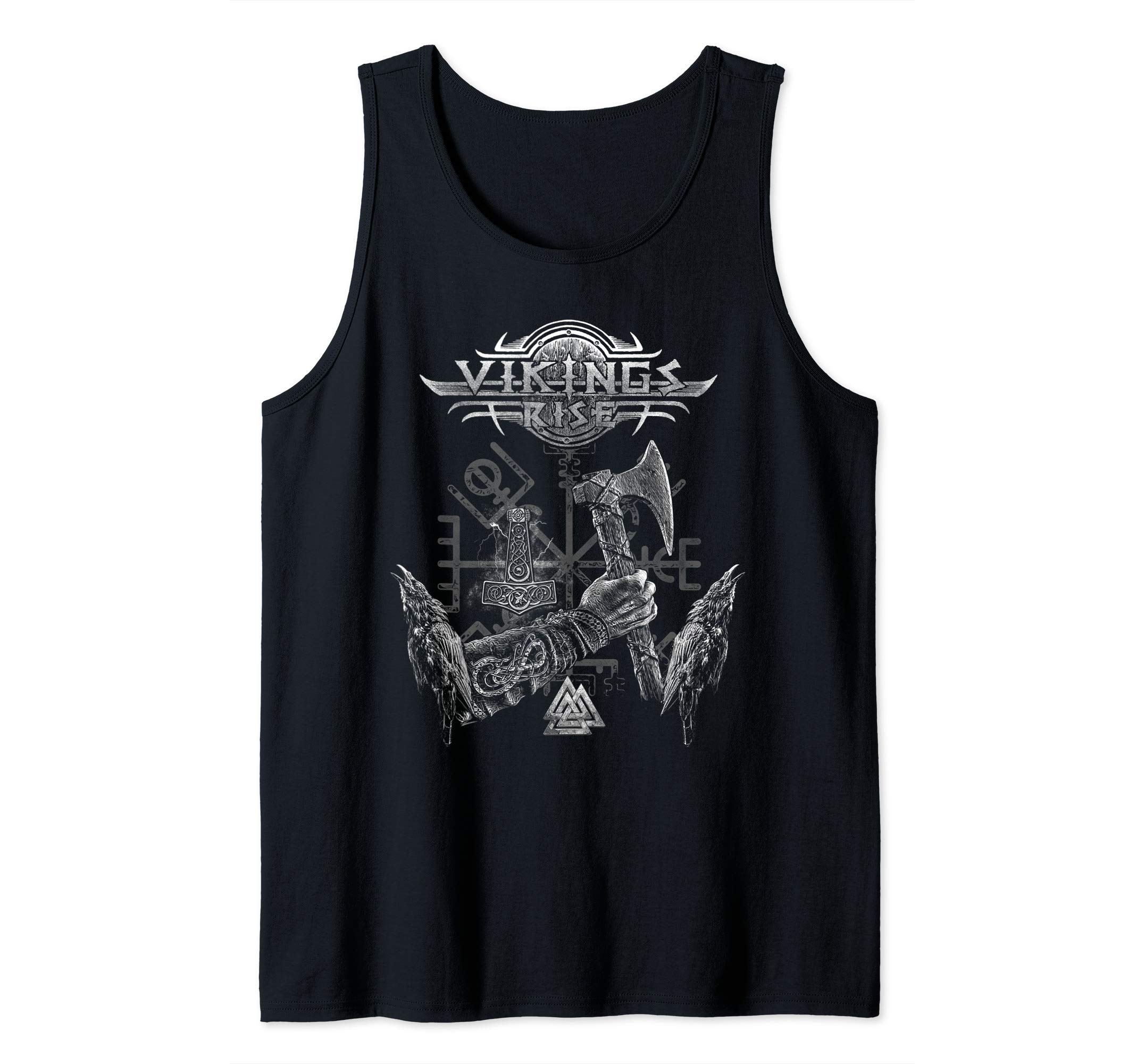 VIKINGS RISELogo Viking Axe Crows Valknut Thor Hammer Urnes Tank Top